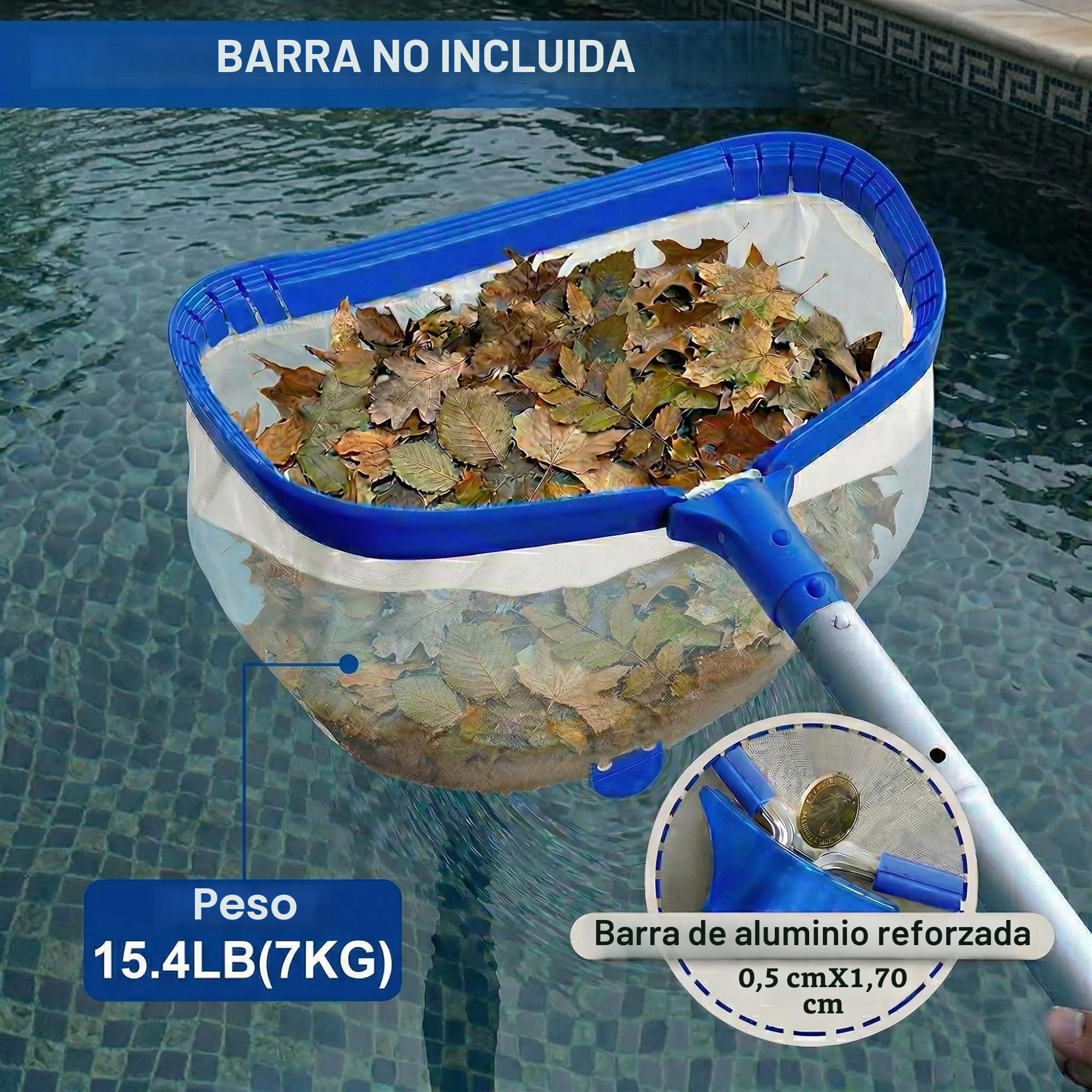 17.5" (44 cm) Recoge Hojas para Piscina – Red de Limpieza con Malla Fina y Marco Aluminio, Ideal para Algas y Estanque, Compatible con Todas Las Barras Telescópicas (Mango No Incluido)