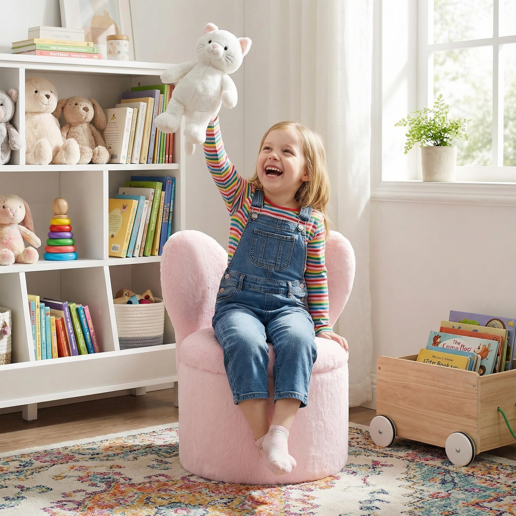 Toddler Chair Comfy Kids Chair with Storage, Cute Butterfly Chair for Girls, Plush Kids Reading Chair, 2 in 1 Pink Storage Ottoman Chair, Desk Chairs for Kids Furniture Decor Gifts, Pink