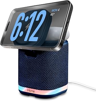 iHome Bluetooth Speaker with Wireless Charger, Charging Station with Color Changing Night Light - Blue iPBT50L