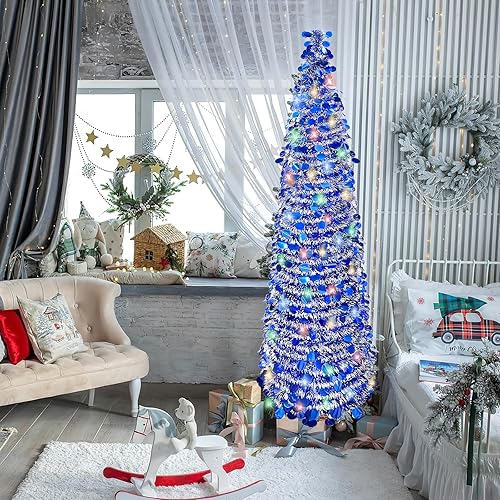 Miniatura 5 de Árbol de Navidad desplegable de oropel de 5 pies, árbol de Navidad plegable con 90 luces de colores, árbol de Navidad artificial para el hogar,