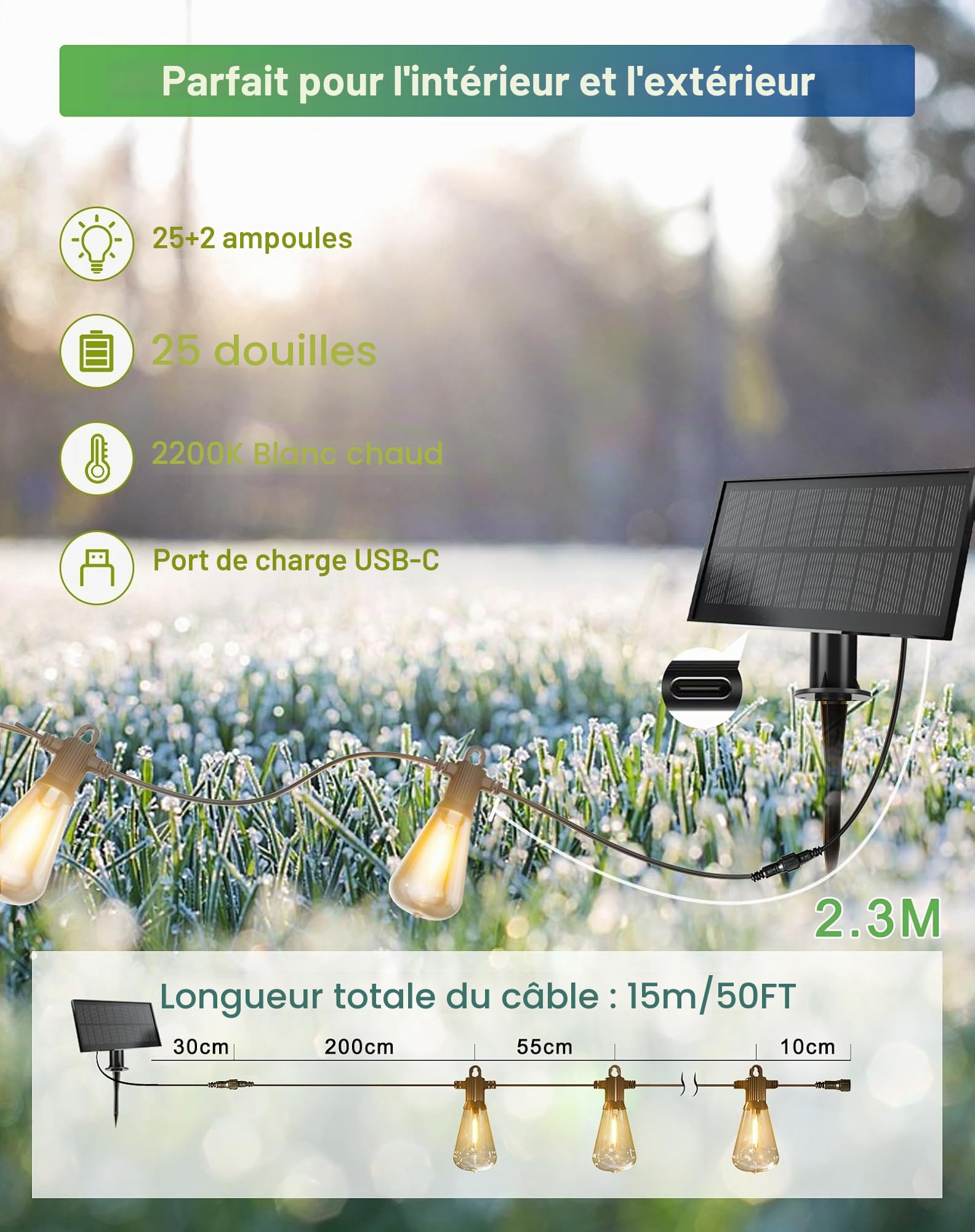 Zuske Guirlande Lumineuse Exterieure Solaire Jardin, 15M Guirlande Guinguette Extérieure, 25+2 ST38 LED Ampoules, IP65 Etanche Guirlande Guinguette Solaire pour Patio, Jardin, Partie - Blanc Chaud