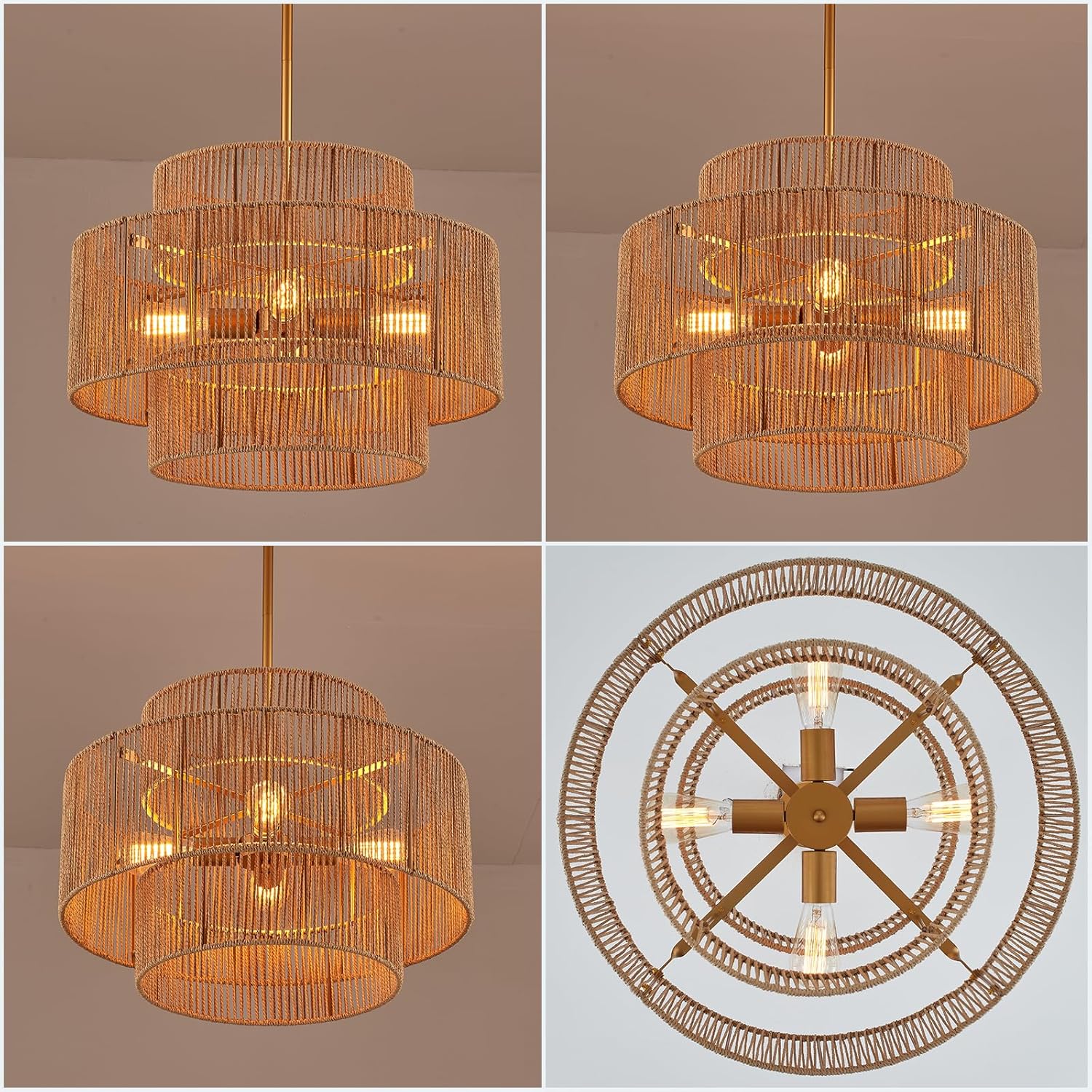 24” Boho Hand Woven Rattan Chandelier 3 Round Adjustable 4-Light Large Pendant Light for Kitchen Island Dining Room Living Room Hallway, Brass, UL Listed