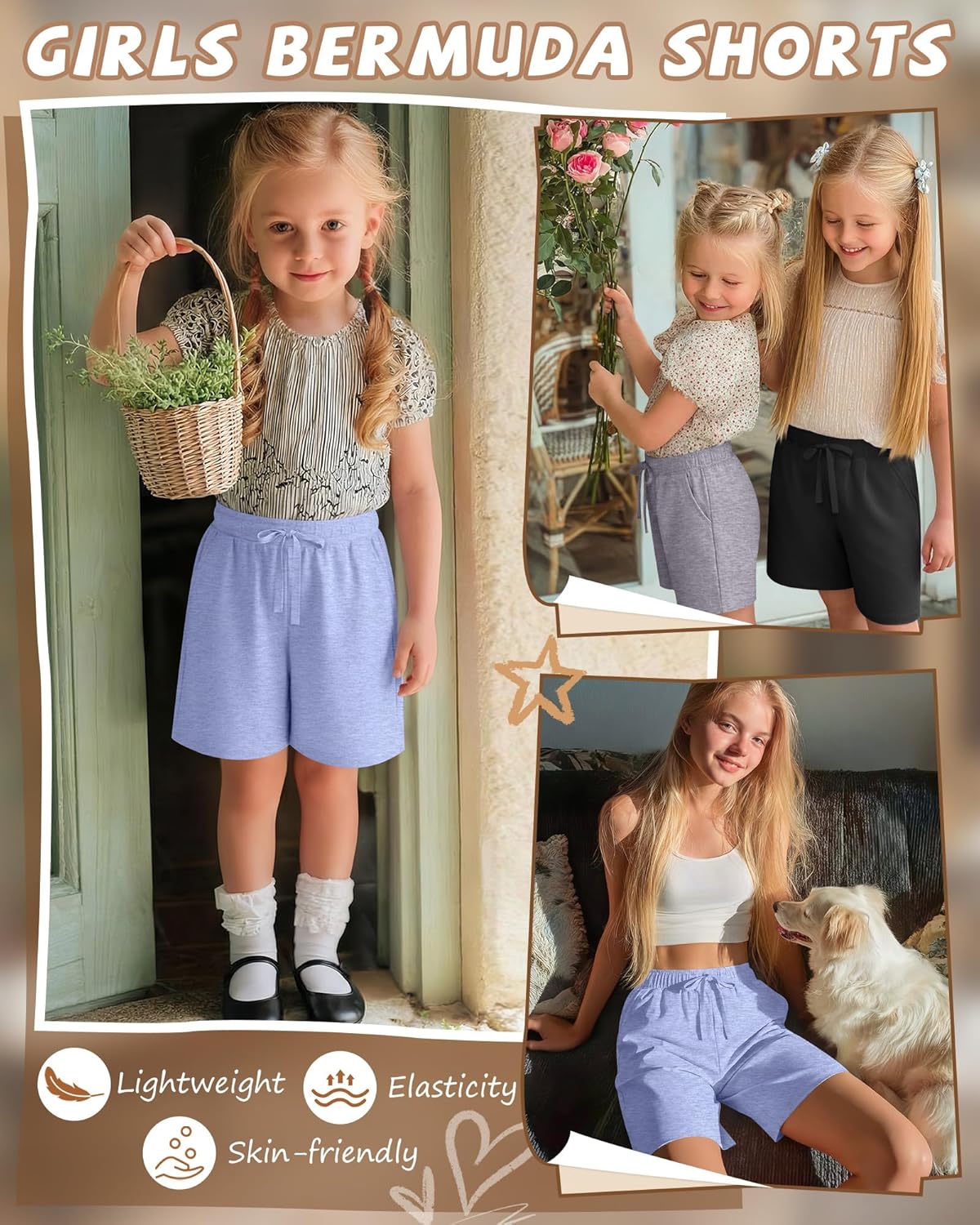 3 Pack Girls Bermuda Shorts Knee Length Straight Leg Drawstring Elastic Kids Lightweight Soft Pants with Pockets