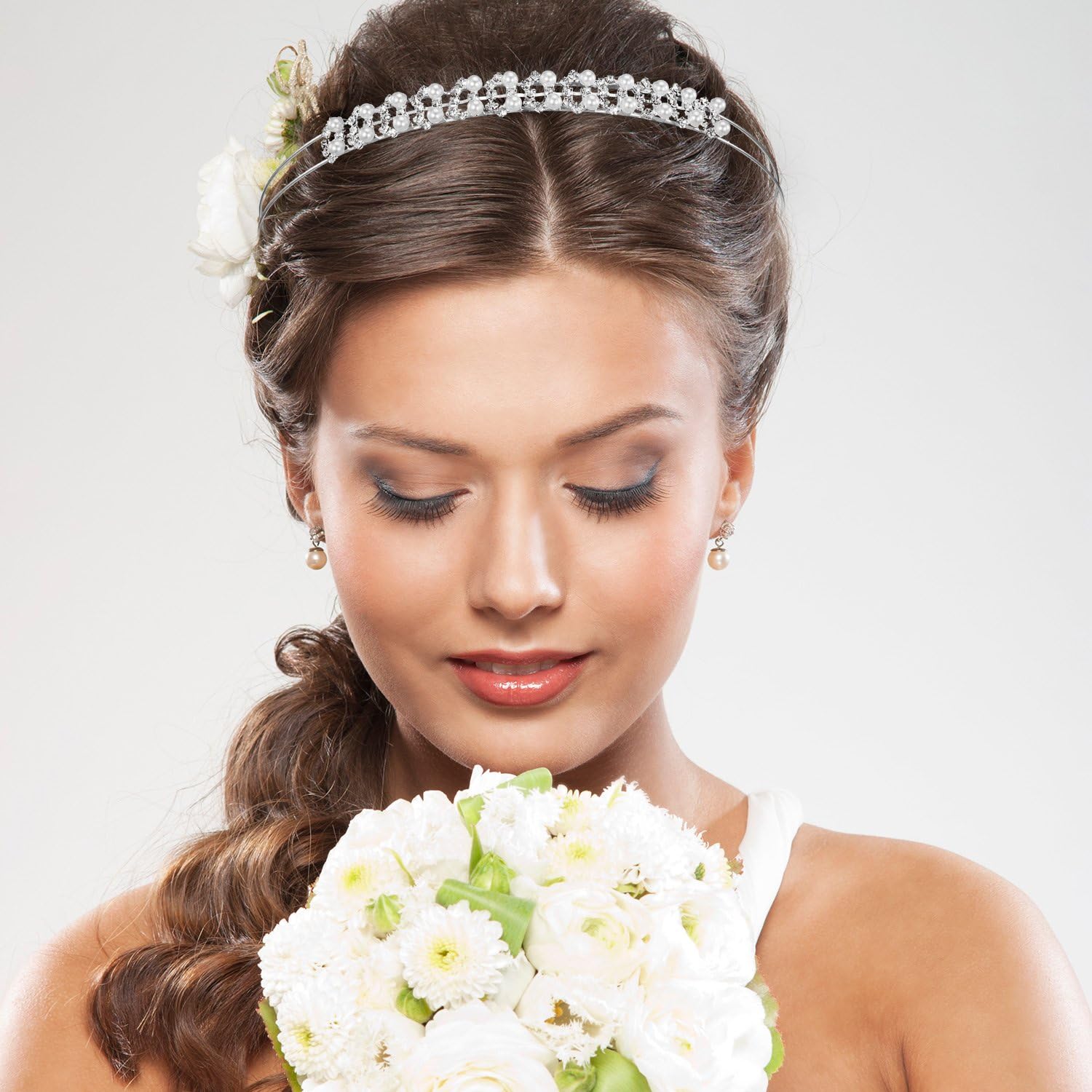 TecUnite 4 Pieces Rhinestones Wedding Headbands Crystal Flower Girl Leaves Crown Headband Tiara Women's Faux Pearl Rhinestones Headdress for Bride Bridesmaids Wedding Party (Style Set 1) - Image 4