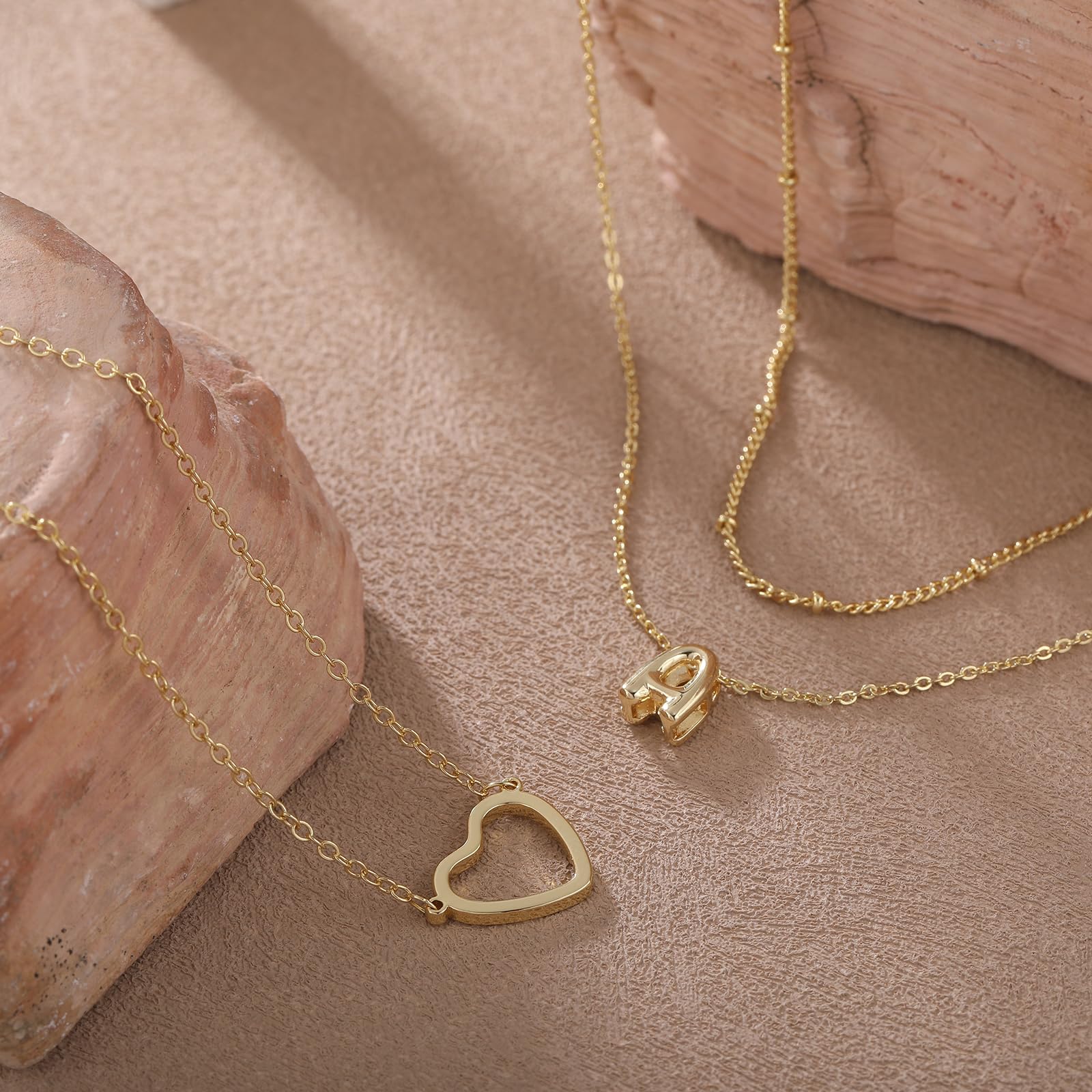 QYYZTQY Iniziale s per Donna 3 Pezzi Semplice Cuore d'oro alla con Lettera a Bolle Oro Semplice con Ciondolo Carino - Catena con Lettera dalla A alla Z, Regalo di gioielleria