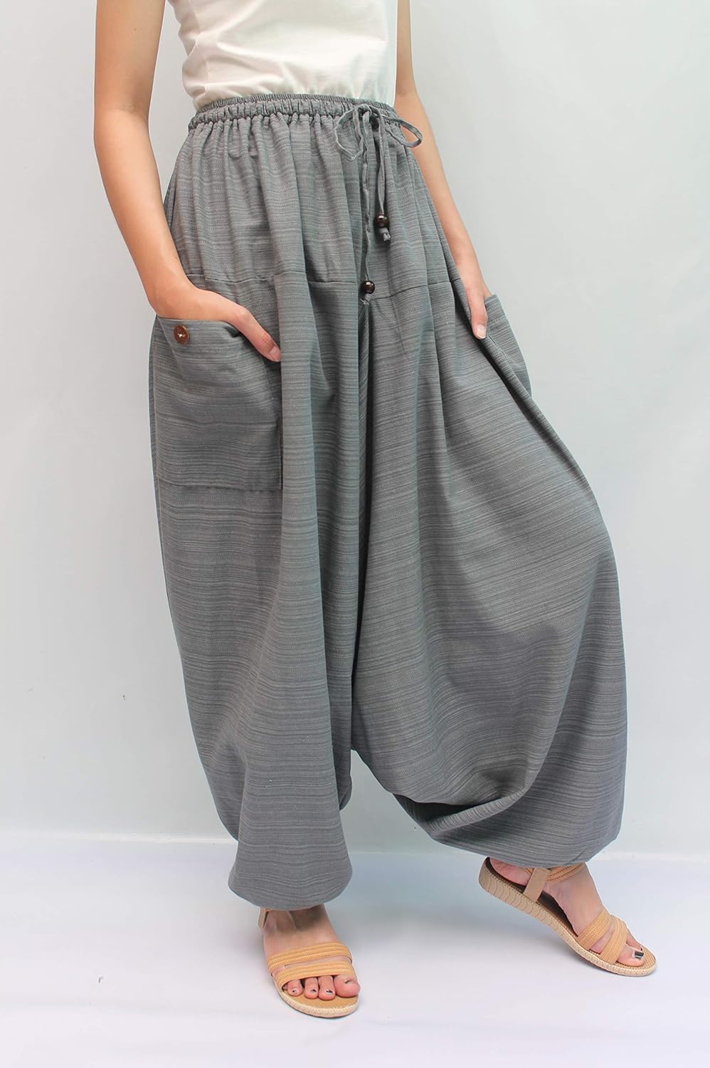 Wynnthaishop'100% Cotton Baggy Boho Aladin Yoga Harem Pants (S-XL for Waist for 26" - 42", Gray)