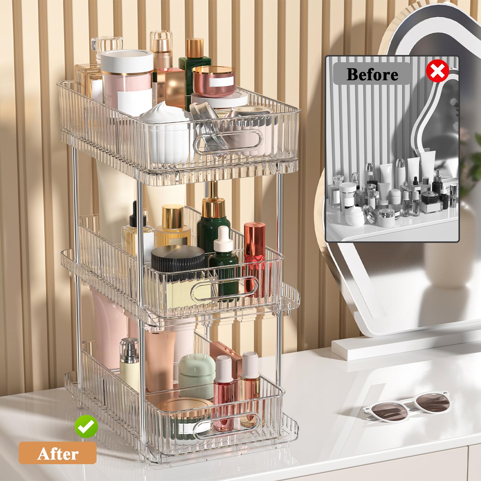 Fowooyeen Bathroom Vanity Countertop Organizer: 3-Tier Makeup and Skincare Holder with Movable Dividers, Pull-Out Dresser Organizer Top, Clear