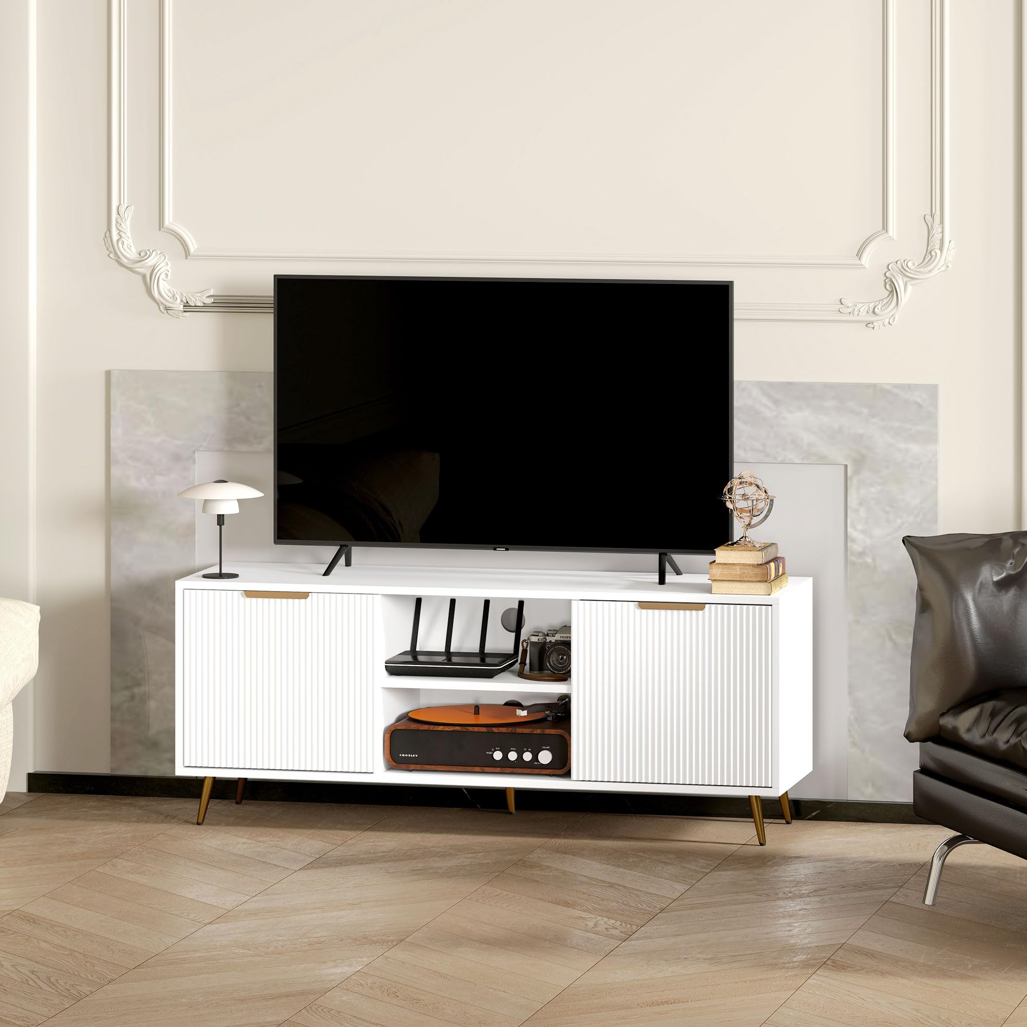 HOMCOM Mueble de TV Moderno para Salón 55 Pulgadas 120x35x48 cm Blanco | 2 Compartimentos Abiertos, 2 Puertas, Mueble para Televisión