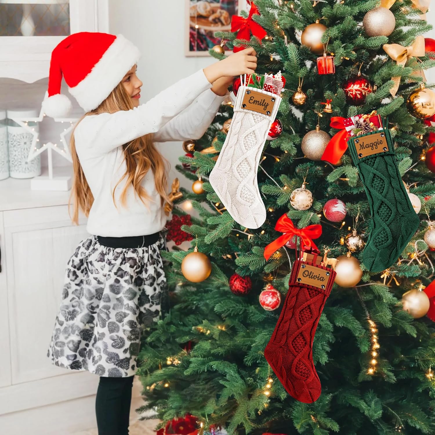 Personalized Christmas Stockings with Name, Custom Engraved Family Xmas Stocking, 18" Large Knitted Christmas Stockings for Kids, Birthday Christmas Party Decoration Gifts for Family 4 Pcs