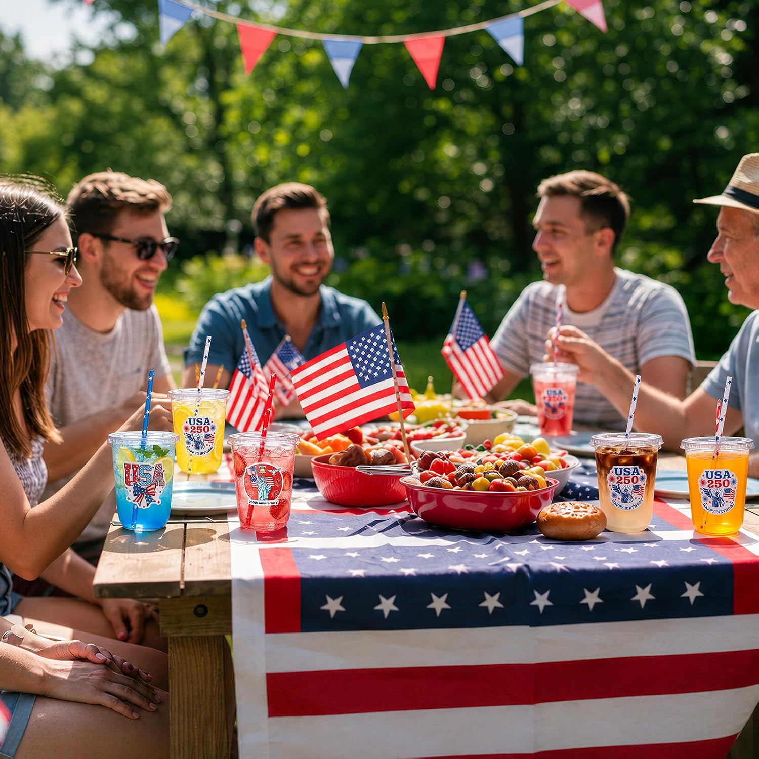 tchrules 100 Sets 16oz Clear Plastic Cups with Lids & Paper Straws Stickers for USA 250th Anniversary 4th of July Party, Disposable Round Bottom Patriotic Cups for Memorial Day Birthday Decor Supplies