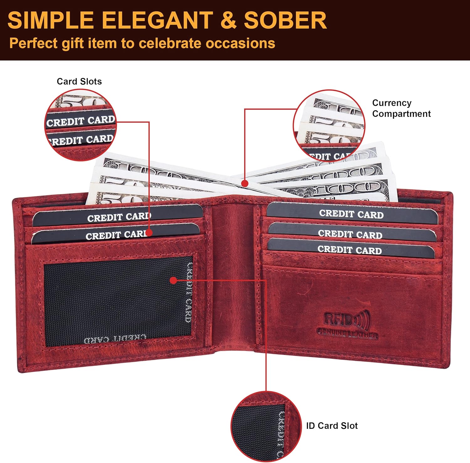 ASAD Leather Bifold Wallet for Men | Genuine Leather Slim Wallet with RFID Blocking | Double Stitched Durable Design with 2 Note Sections 6 Card Slots 2 Slip Pockets & ID Window | Crazy Horse Bordo - Image 4