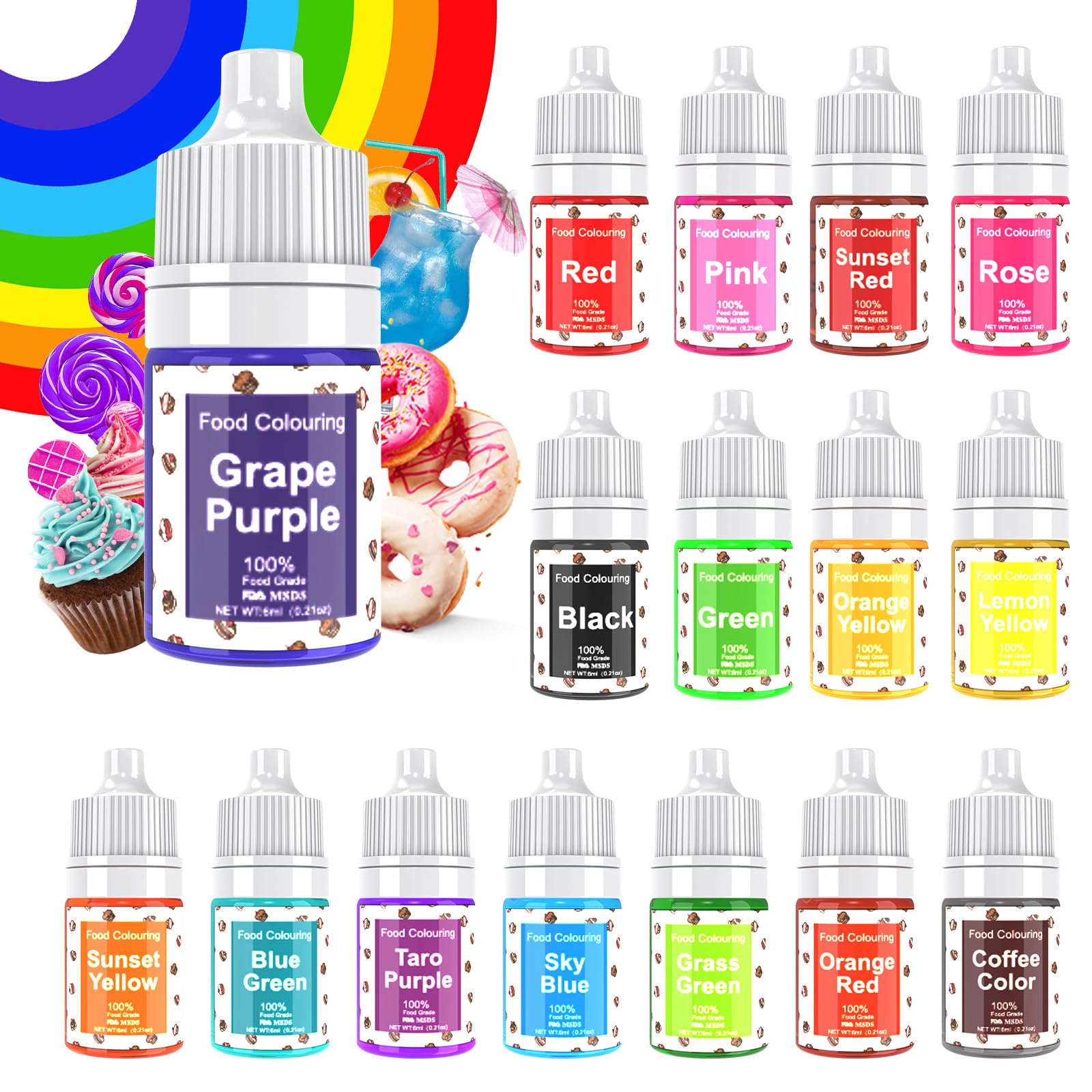 Lebensmittelfarbe 16 Farben x 6ml - Flüssige Lebensmittel Farben zum Kuchen Backen, Kekse, Fondantieren, Macaron - Lebendiger Lebensmittelfarbstoff für Backen, Kekse, Fondant, Macaron,DIY Seifen