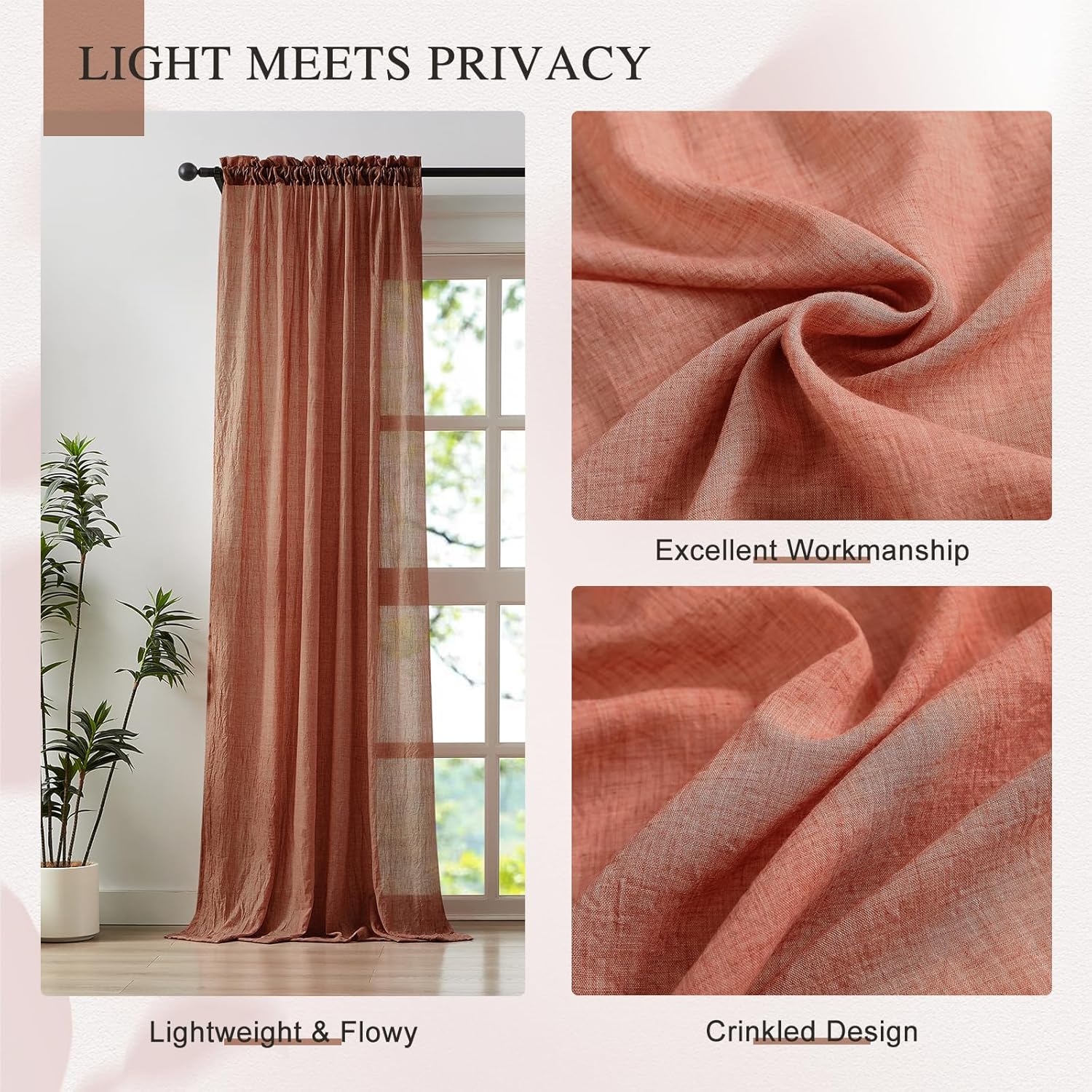 Terracotta Sheer Curtains 84 Inches Long Cotton Linen Textured for Living Room, Bedroom Light Filtering Crinkle Sheer Drapes Natural Rod Pocket Privacy Thin Curtains, W52 x L84 in, 2 Panels