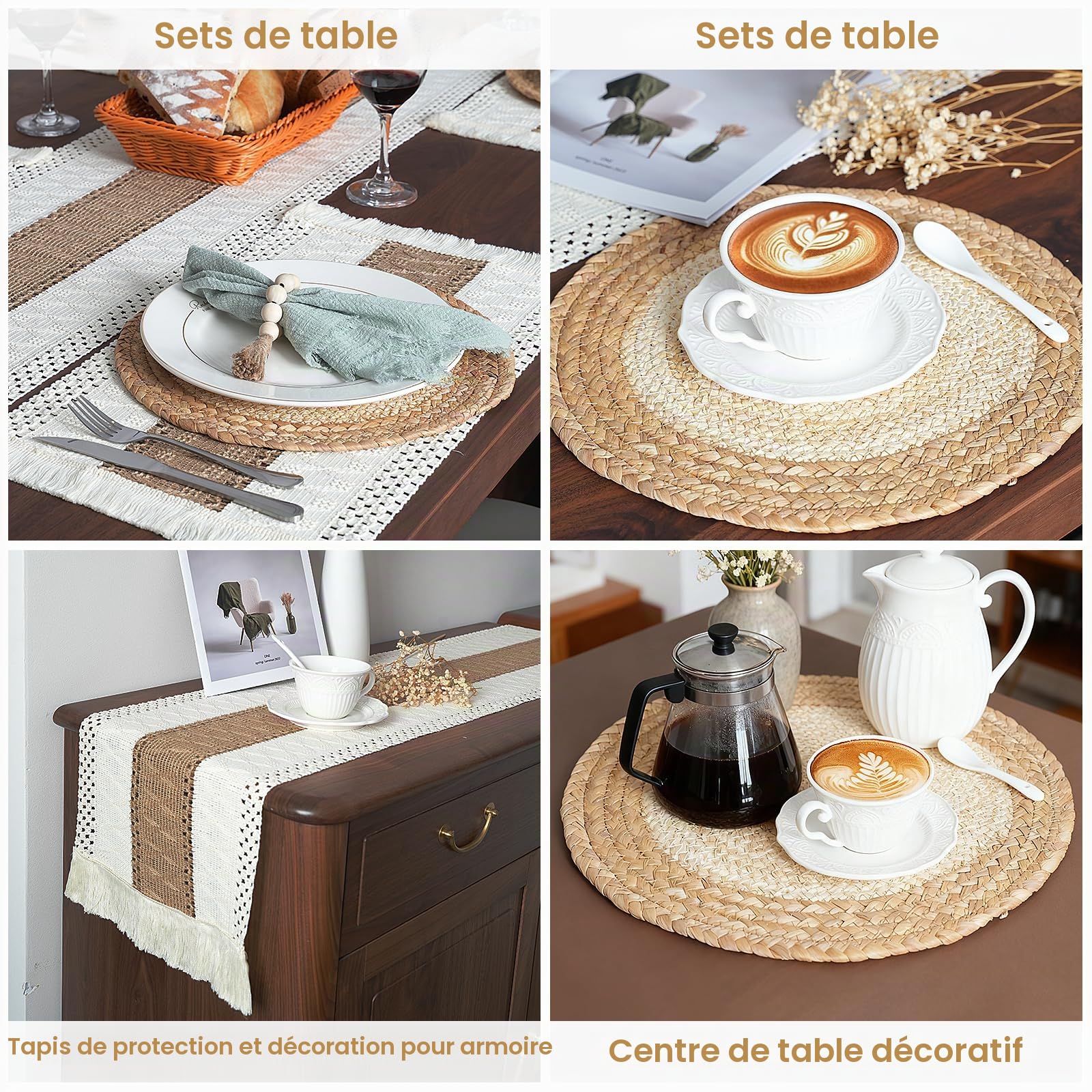 Lot de 6 sets de table tissés à la main en toile de jute de coton naturel et paille d'eau tissée, décoration en macramé et style ferme, pour table à manger, cuisine