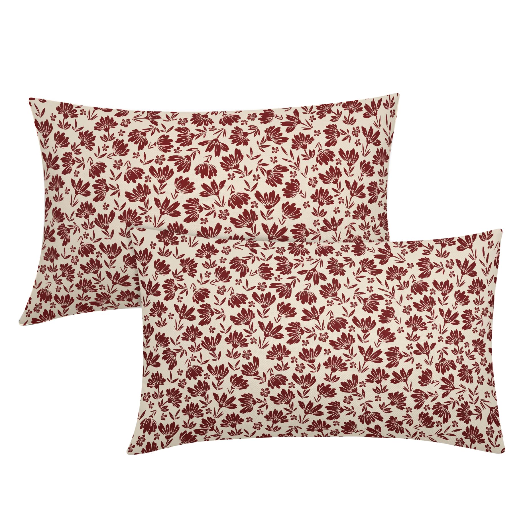 Kawani Daisy Floral Block Print Lumbar Pillow Covers 12X20 Inch Burgundy Beige Flowers Decorative Pillow Cases Set of 2 Farmhouse Home Decor Vintage