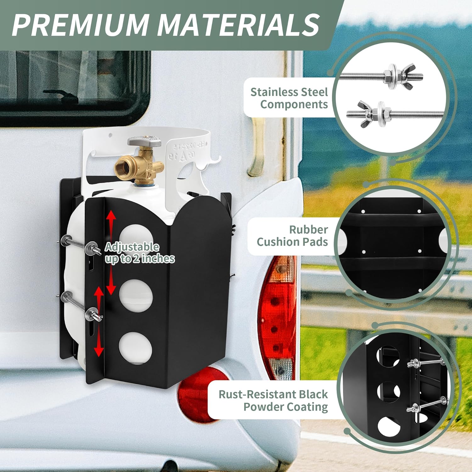 Adjustable Heavy Duty BBQ Propane Tank Mounting Bracket, Cylinders Vehicle Tank Holder for 17/20/22 lb Propane Tanks with Anti-Wear Rubber Strip, Suitable for Truck, RV, Trailer, Camper