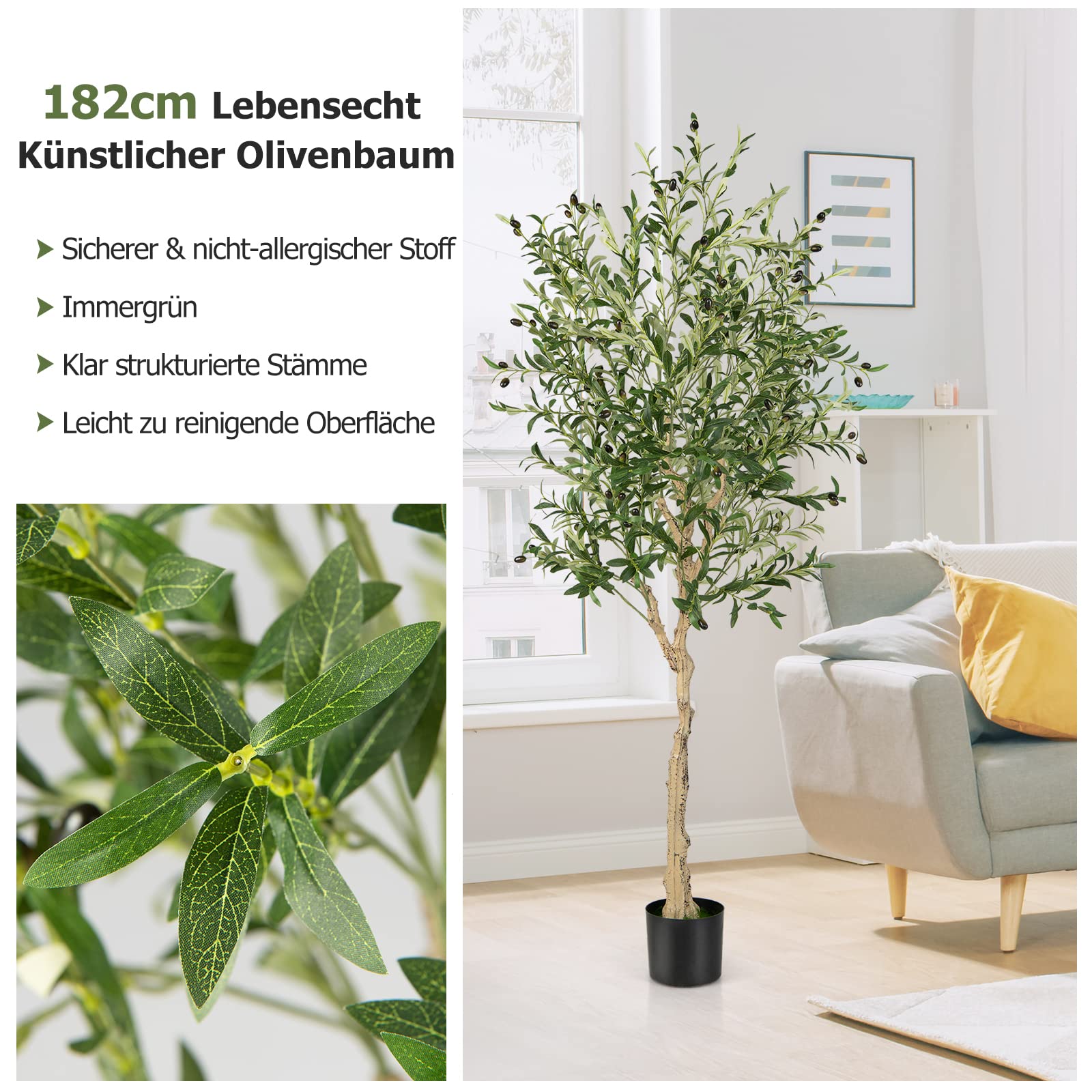 Knstlicher Olivenbaum 180cm Gro - Realistische Kunstpflanze Mit 642  Blttern & 30 Oliven, Verstellbare Zweige Fr Wohnzimmer, Balkon & Bro Deko
