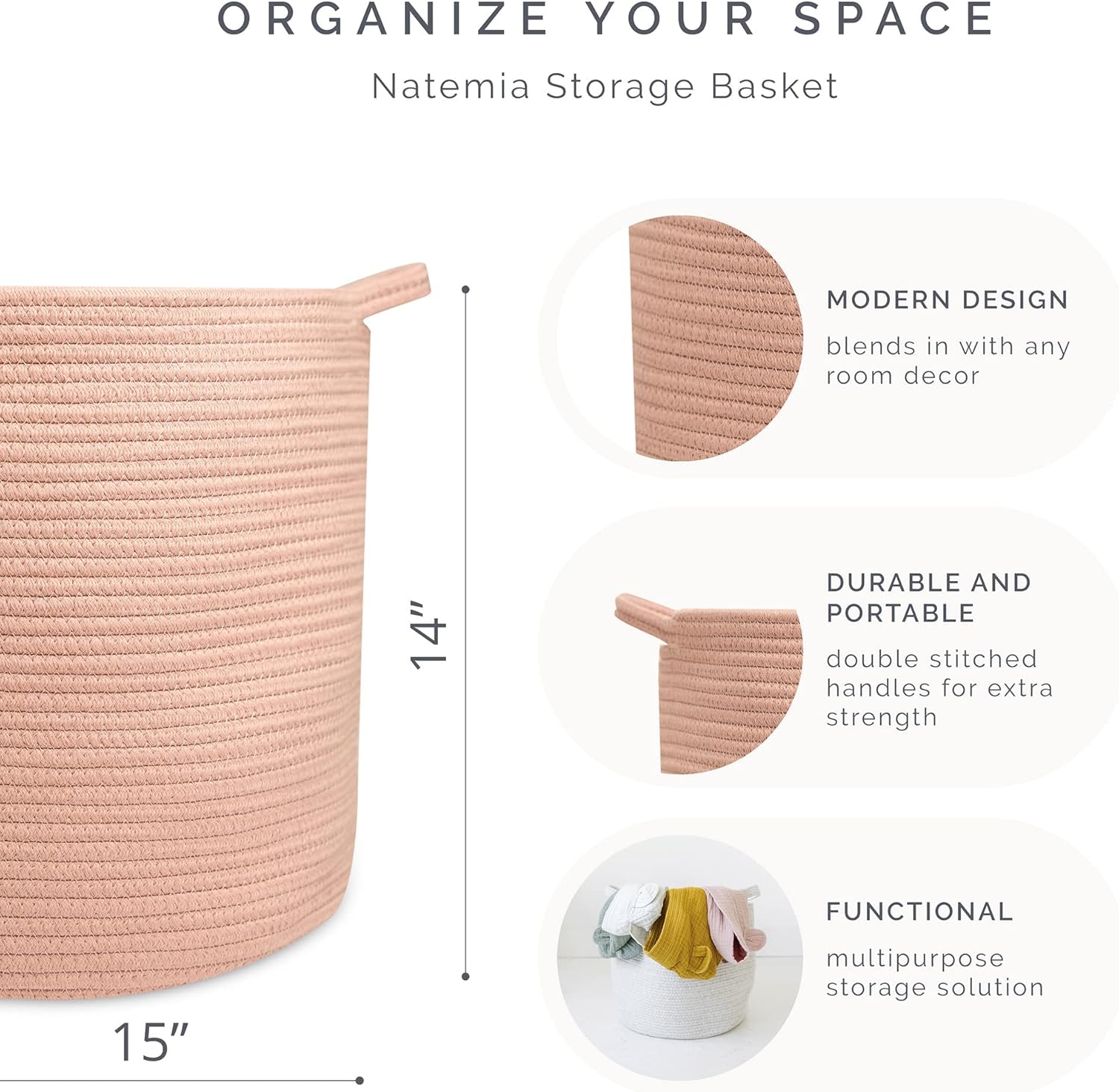 Natemia Large Rope Storage Basket and Cotton Rope Diaper Caddy - Nursery Bin and Toy Organizer Laundry Basket, Basket for Towels, Pillows and Blankets, Perfect Baby Registry Gift - Misty Rose