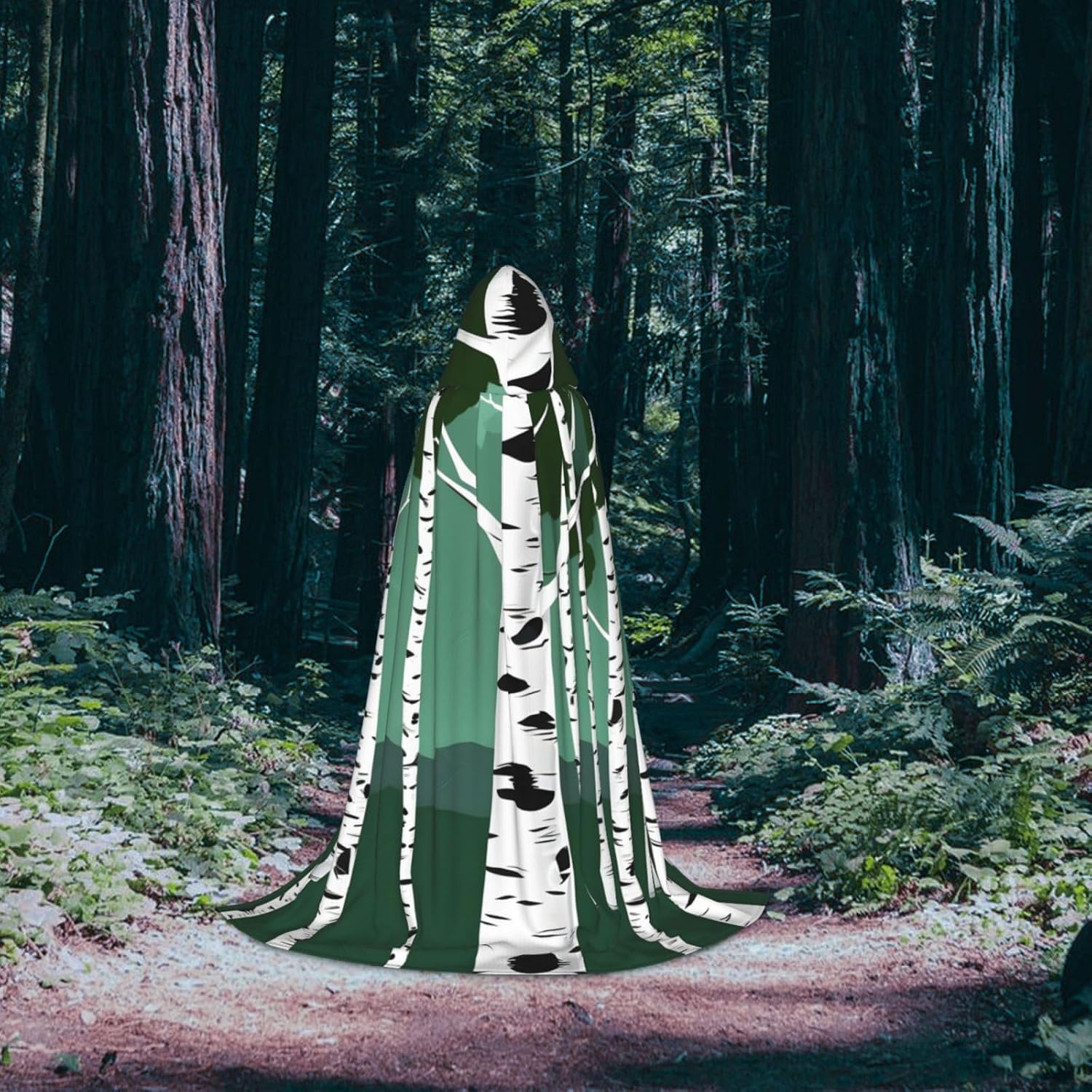 Birch Trees print Wizard Hooded Robe Medieval Cape Renaissance Cloak for Men Women Halloween Costume