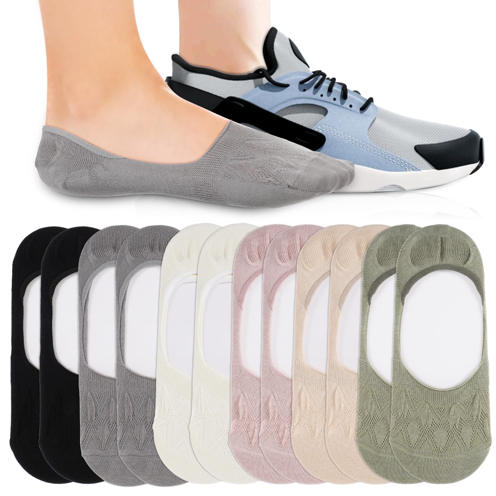 CIATBYYJ 6 par wielokolorowych skarpet damskich, bawełniane, silikonowe podkładki, niewidoczne, oddychające skarpety do sneakersów, antypoślizgowe, na lato, do mokasynów (36-40)