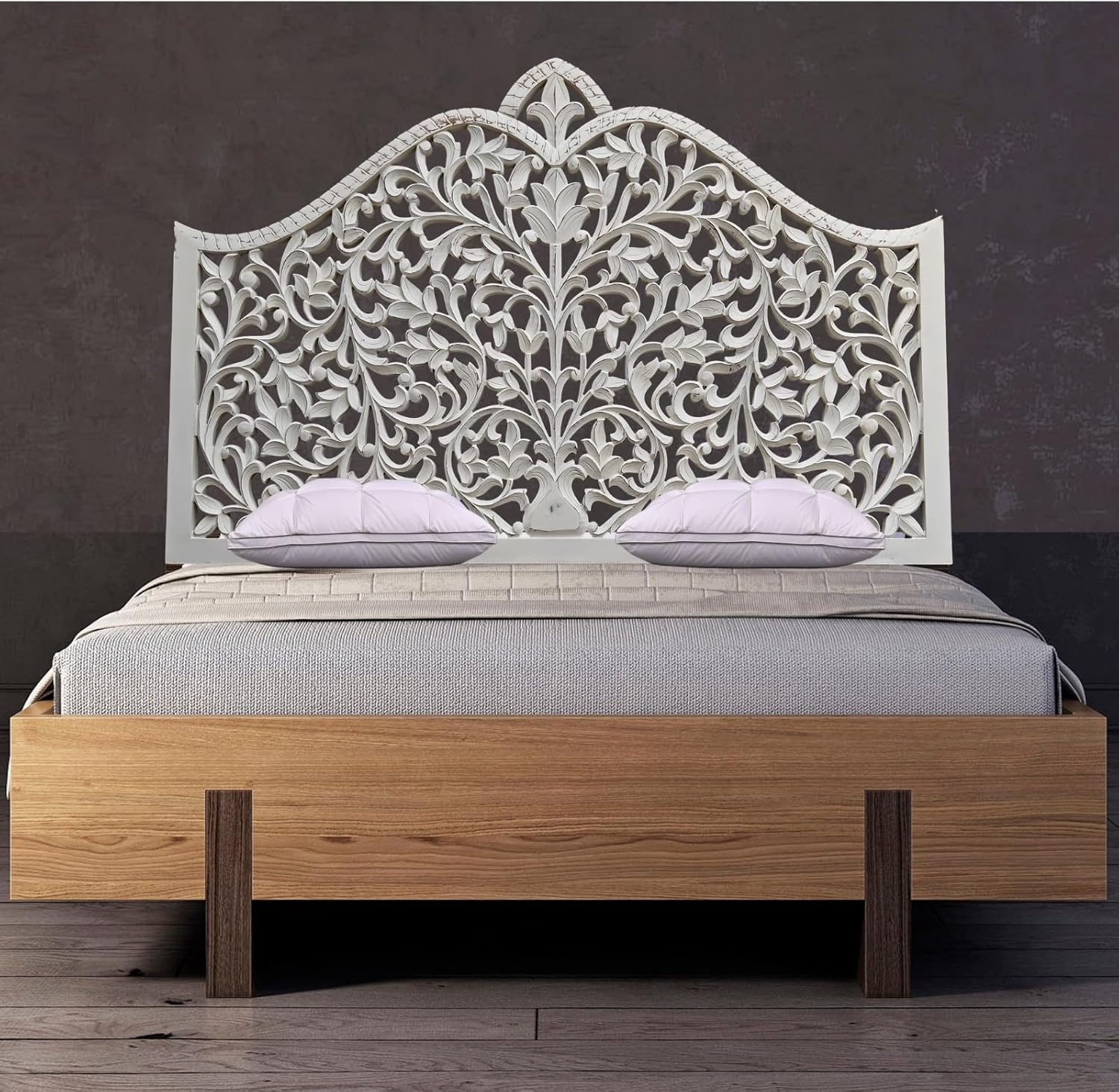 Hand Carved White Wash Texas Headboard Leaf Carving Bed Head Wall Art Hanging Home Bedroom Decoration Tropical Home Decor (Queen Size- 63x40x1 -inches) | Engineered Wood