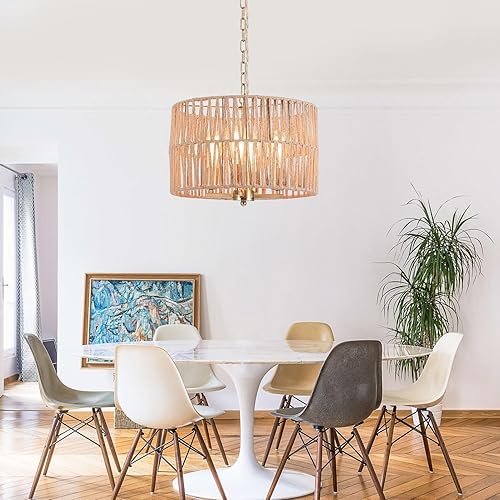 Miniatura 3 de Lámpara colgante estilo bohemio costero grande de 4 luces con cadena ajustable, interruptor regulable, lámpara colgante de tambor de cuerda de