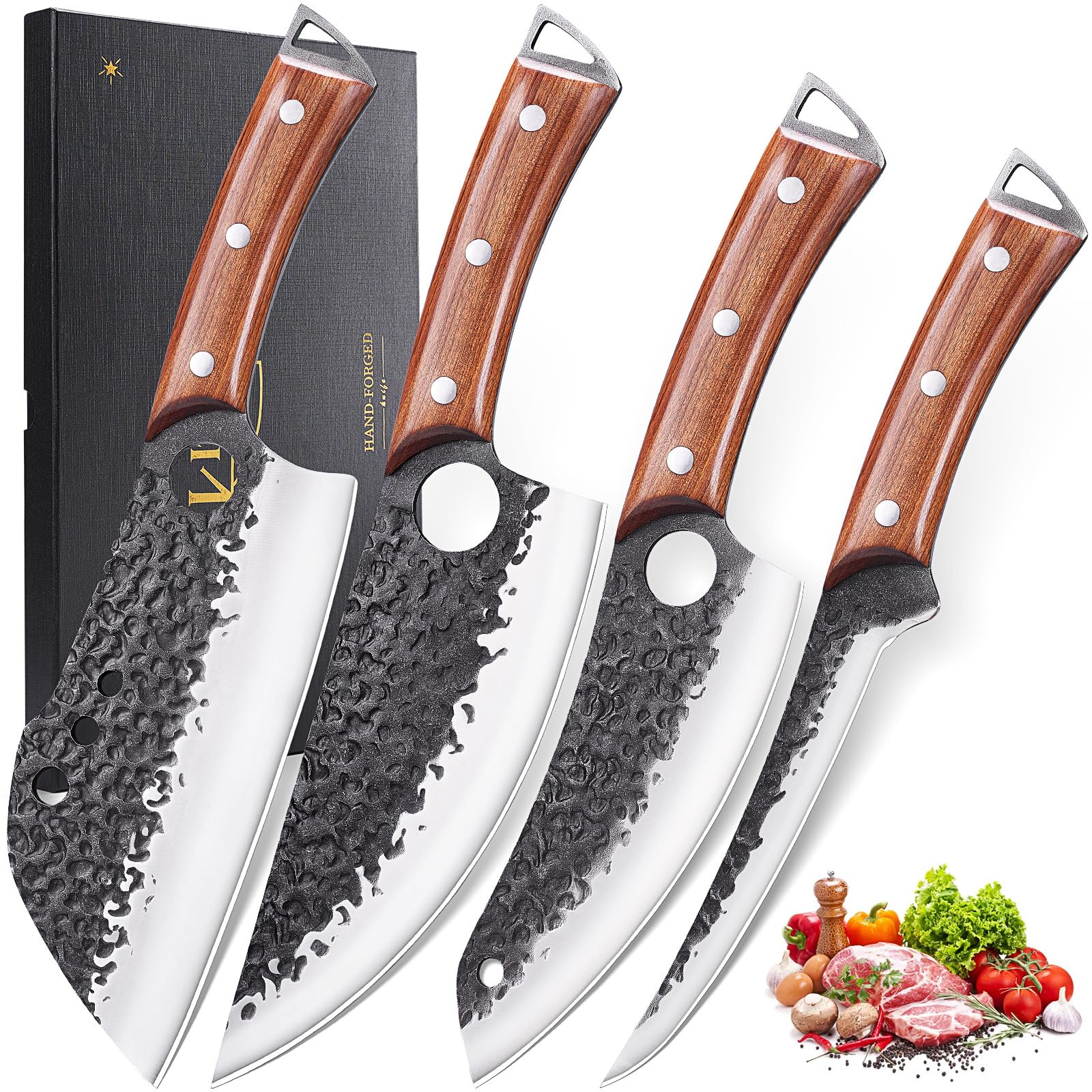 Butcher Knife Set KITNATS 4PCS Hand Forged kitchen knives Set-Meat Cleaver Knife Serbian Chef Knives Vegetable Knives Boning