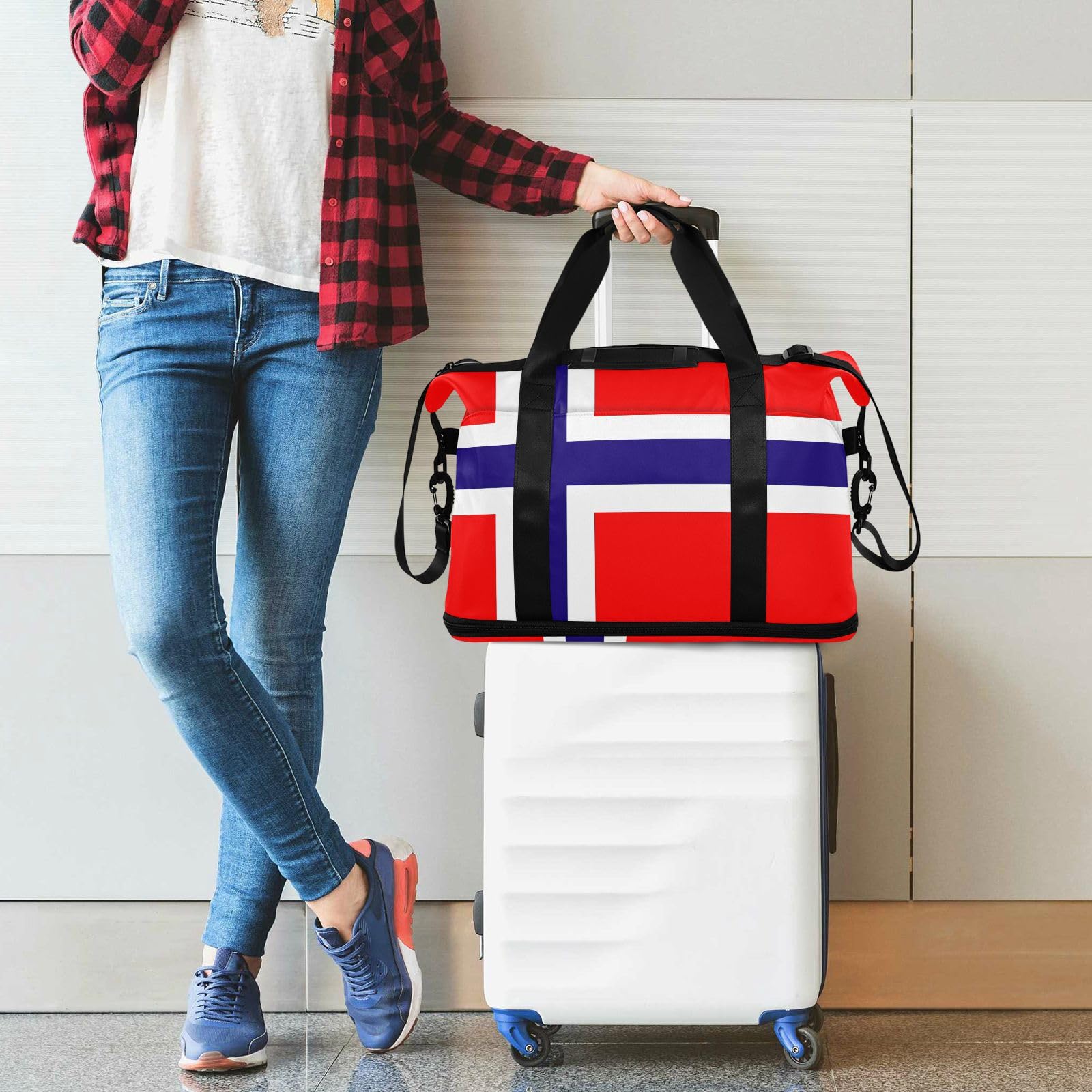 Lot de 2 sacs de week-end avec poche humide et sangle réglable pour la randonnée - Motif drapeau de la Norvège - Pour homme et femme
