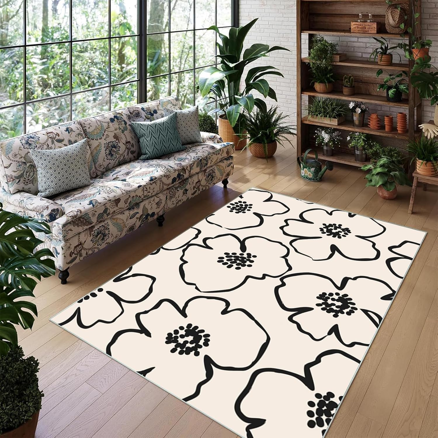 Floral Rug, 5 x 8ft Living Room Area Rug Bedroom Mat with Non Slip Rubber Backing, Machine Washable Floor Carpet for Dining Room Home Office