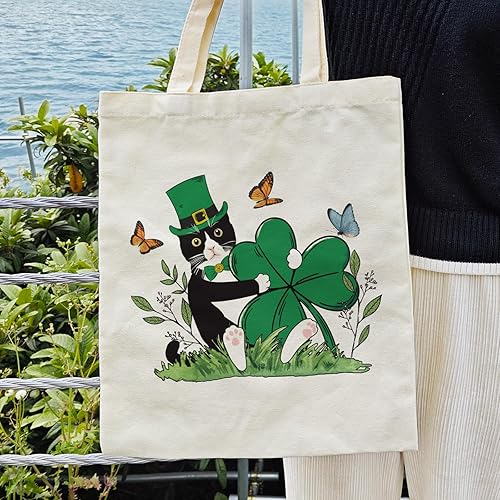 Miniatura 3 de Dlzdn Bolsa de lona para el Día de San Patricio para mujeres, estética, divertida, esmoquin, gato, trébol, bolsa de compras, bolsa de playa, regalos
