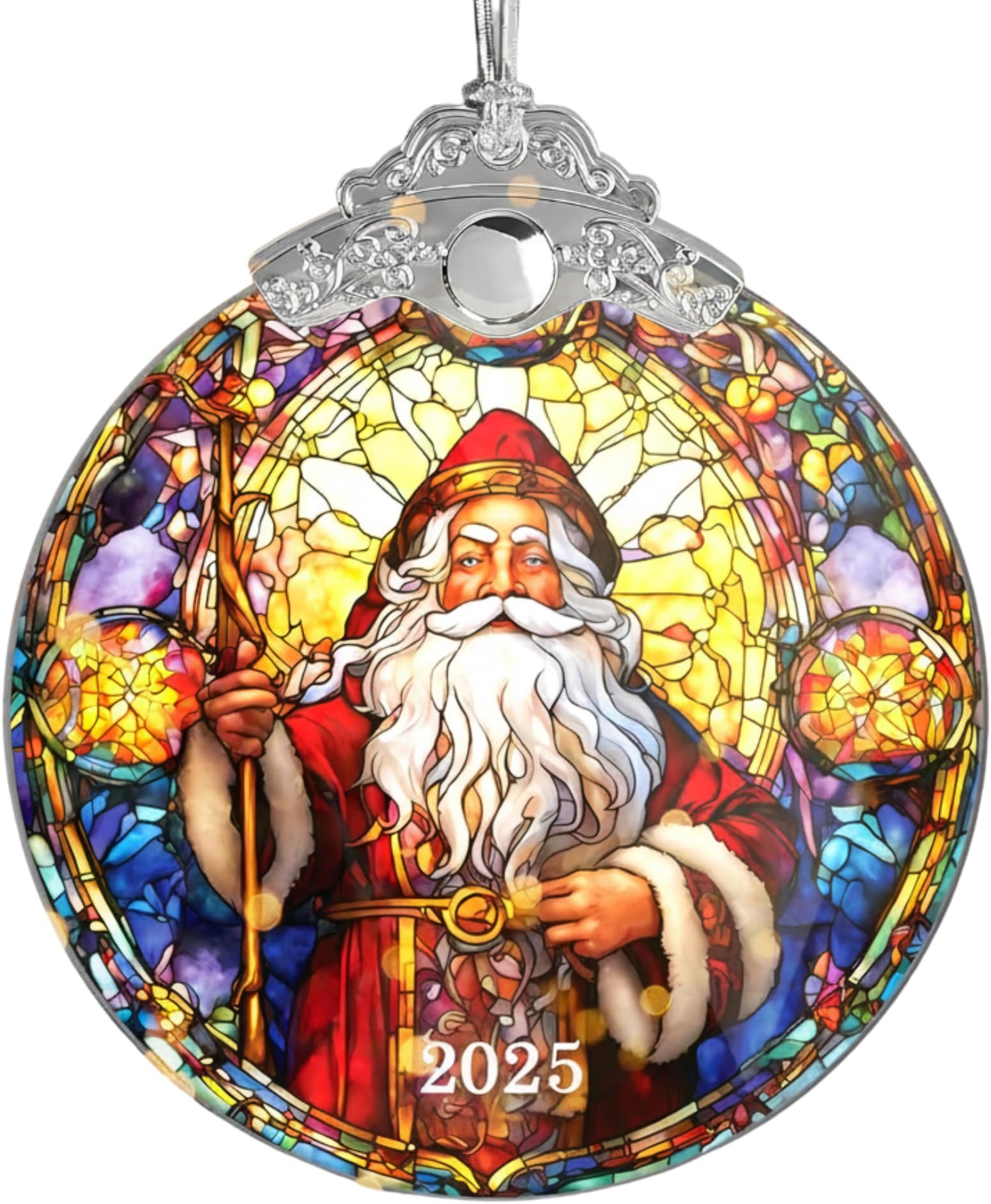 Santa Ornaments for Christmas Tree, Santa Ornament, Stained Glass Effect, Acrylic Big Size, Holiday Decor, White Elephant Gift for Adults, Christmas Decorations, Stocking Stuffers for Women