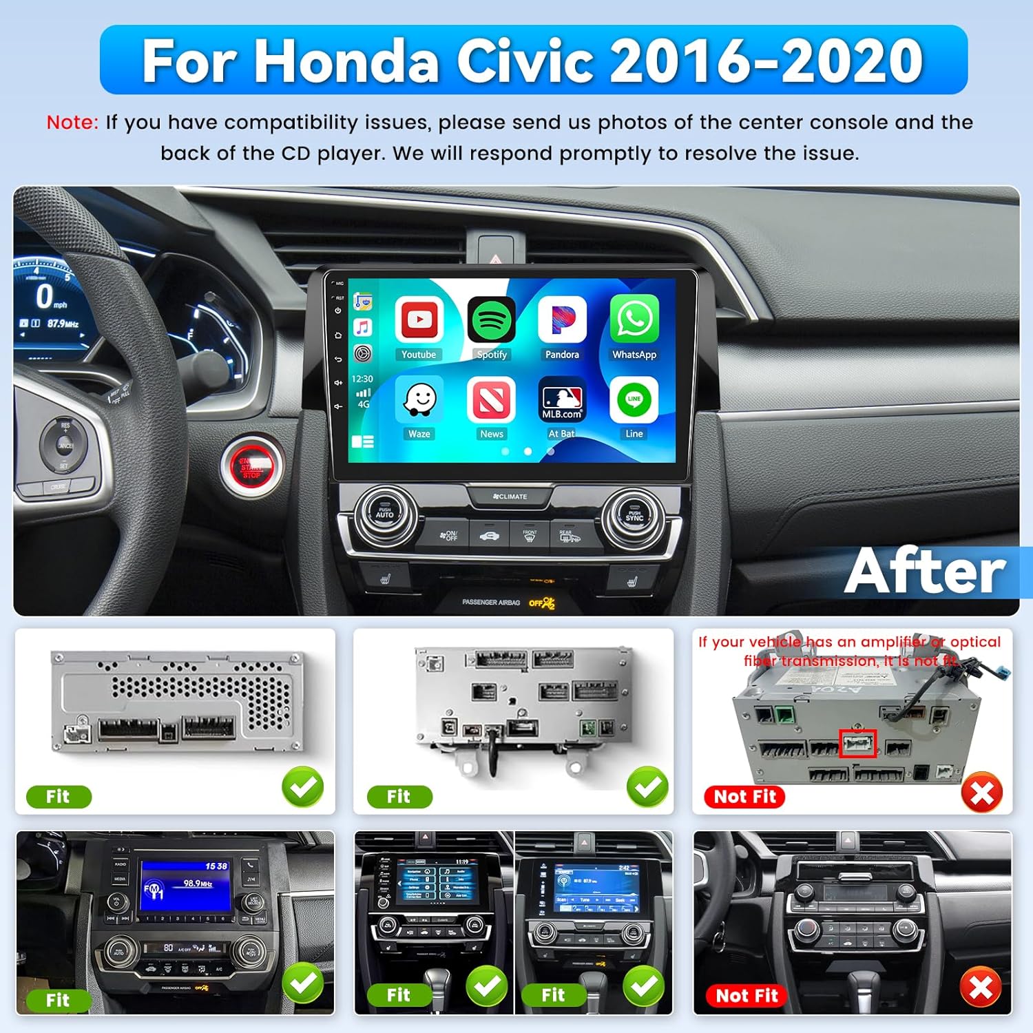 [4+64G] Android 15 Car Radio for Honda Civic 2016-2020, 9 inch 1280 * 720 Touch Screen Car Stereo with Carplay Android Auto/5GHz WiFi/GPS Navigation/Bluetooth 5.0/FM/RDS/32EQ/SWC