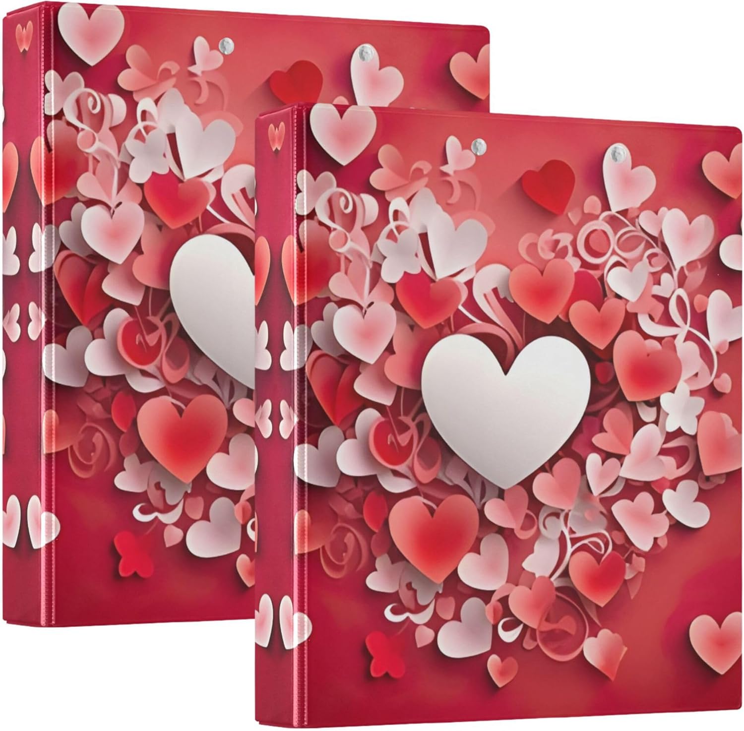 Valentine's Day Colorful Hearts 3 Ring Binders, 1.5” Round Ring Binders with Clipboard - Letter Size, 3 Interior PVC Clear Pockets & Anti-Slip Clip for Office School Supplies, 2PCS