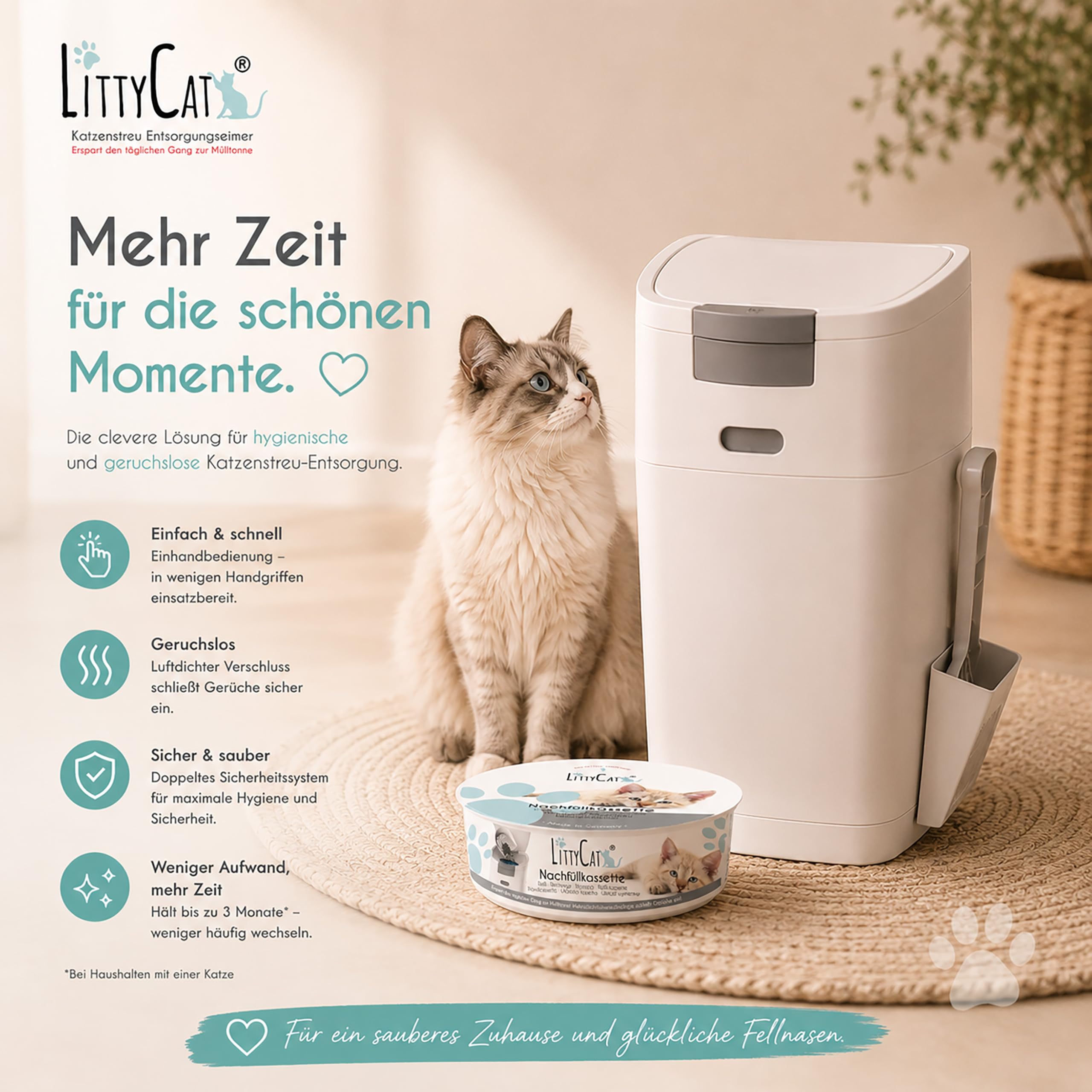 Littycat® Katzenstreu Eimer inkl. Schaufel & 1 Nachfüllkassetten • Geruchsdichter Entsorgungseimer für Katzenstreu • klick System mit Einhandbedienung • Katzenklo Mülleimer