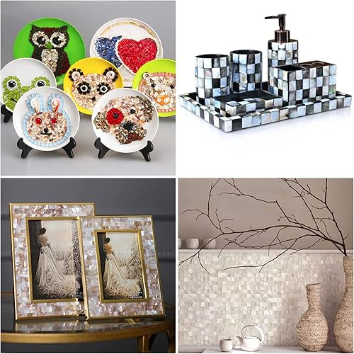 Miniatura 6 de GORGECRAFT 2 estilos, 100 piezas de azulejos de mosaico de nácar a granel, azulejos de concha natural, cuadrados blancos, redondos de nácar para