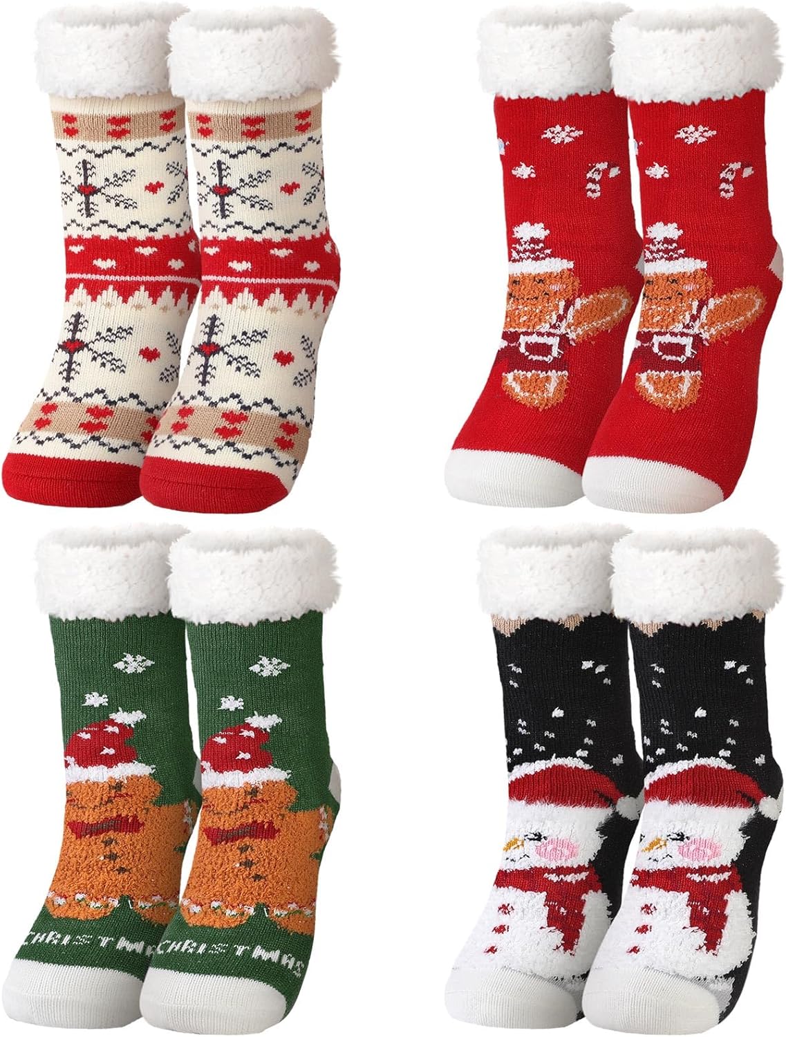 Fourluoo 4パック クリスマス ファジースリッパソックス Xmas ふわふわ シェルパ 保温ソックス グリッパー付き レディ