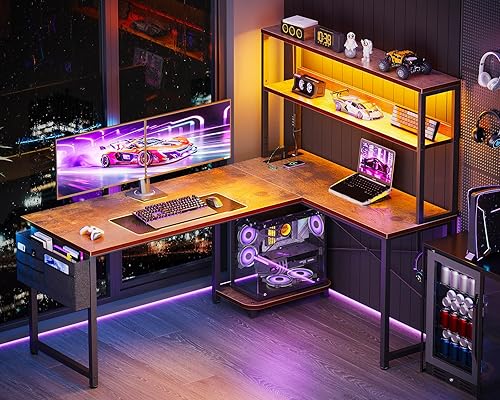 Miniatura 4 de ODK - Escritorio en forma de L de 53 pulgadas con iluminación LED, escritorio reversible para juegos con tomas de corriente, mesa de computadora