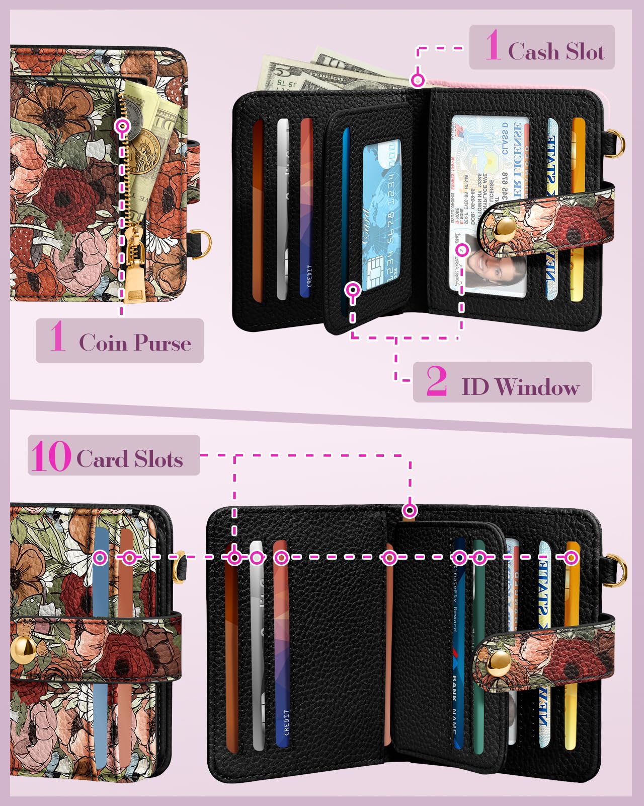 Bistup Billetera pequeña de Cuero Genuino RFID con llaveros para Mujeres, Adolescentes, niñas, Tarjetas de crédito de Dos Solapas, Flor marrón., Flor marrón