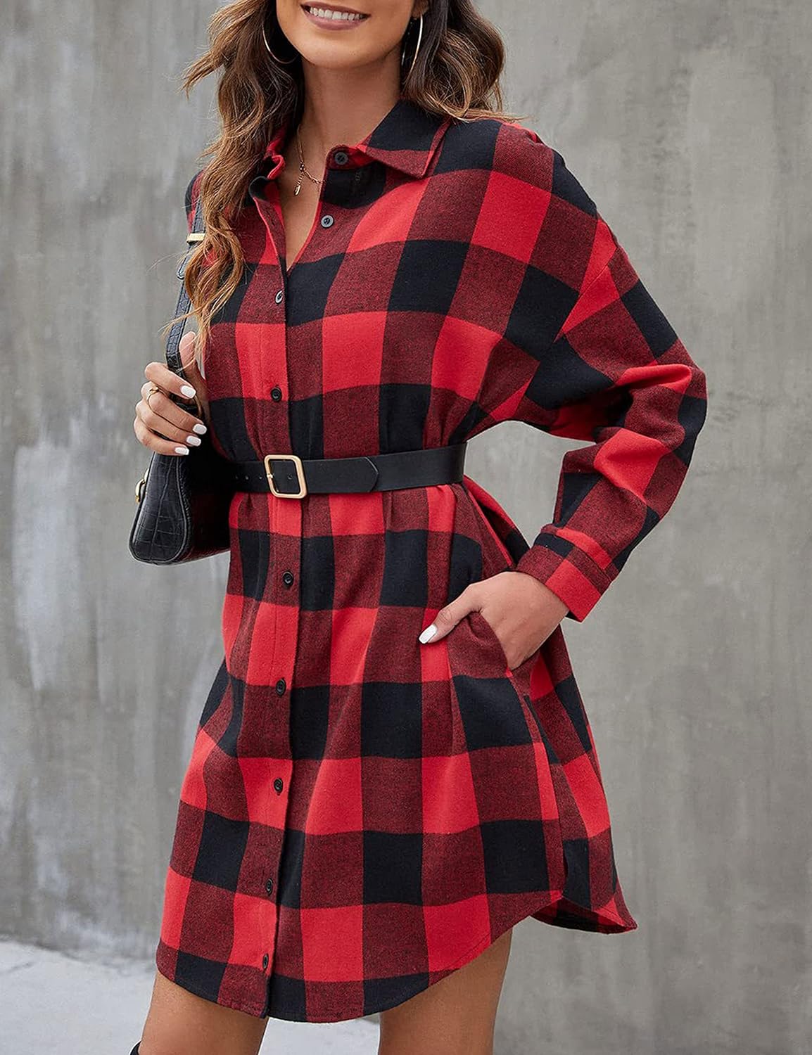 Bozanly Women's Oversized Button Down Long Plaid Flannel Shirts Lapel Long Sleeve Check Jacket Shacket - Image 3