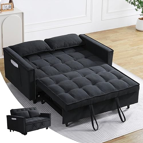 Antetek 3 in 1 Convertible Sleeper Sofa Bed, Modern Corduroy Loveseat Futon Couch w/Pullout Bed, Small Love Seat Lounge Sofa w/Reclining Backrest, Toss Pillows, Furniture for Living Room,Dark Grey