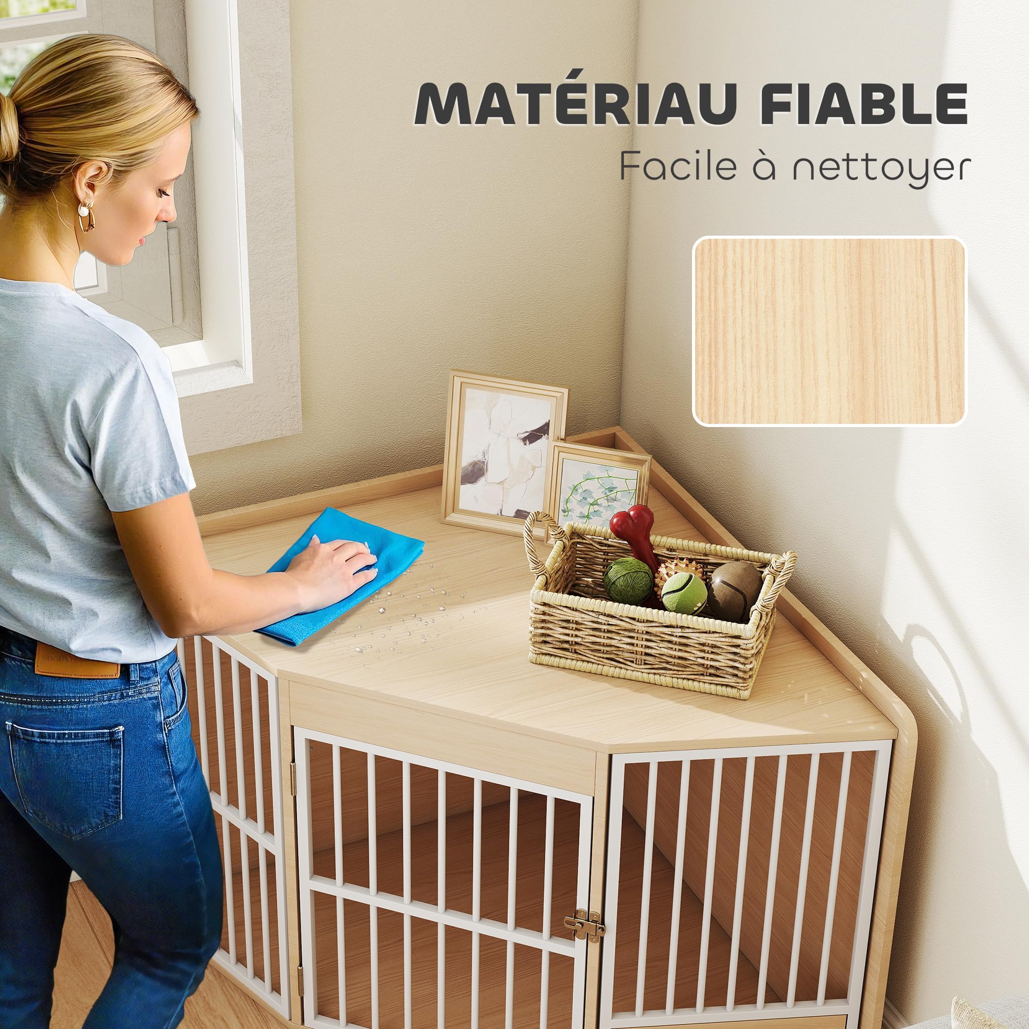 PawHut Cage d'angle pour Chien, Cage pour Chien intérieur avec Porte rotative, Table d'appoint pour Petits et Moyens, 113 x 80 x 64 cm, chêne