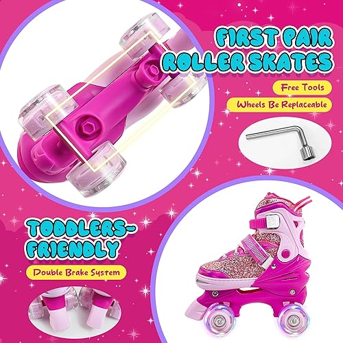 Vista 4 de Patines de ruedas para niños y niñas, 4 tamaños ajustables de 3 a 5 a 8, 6 a 12 años, patines cuádruples con ruedas iluminadas para principiantes