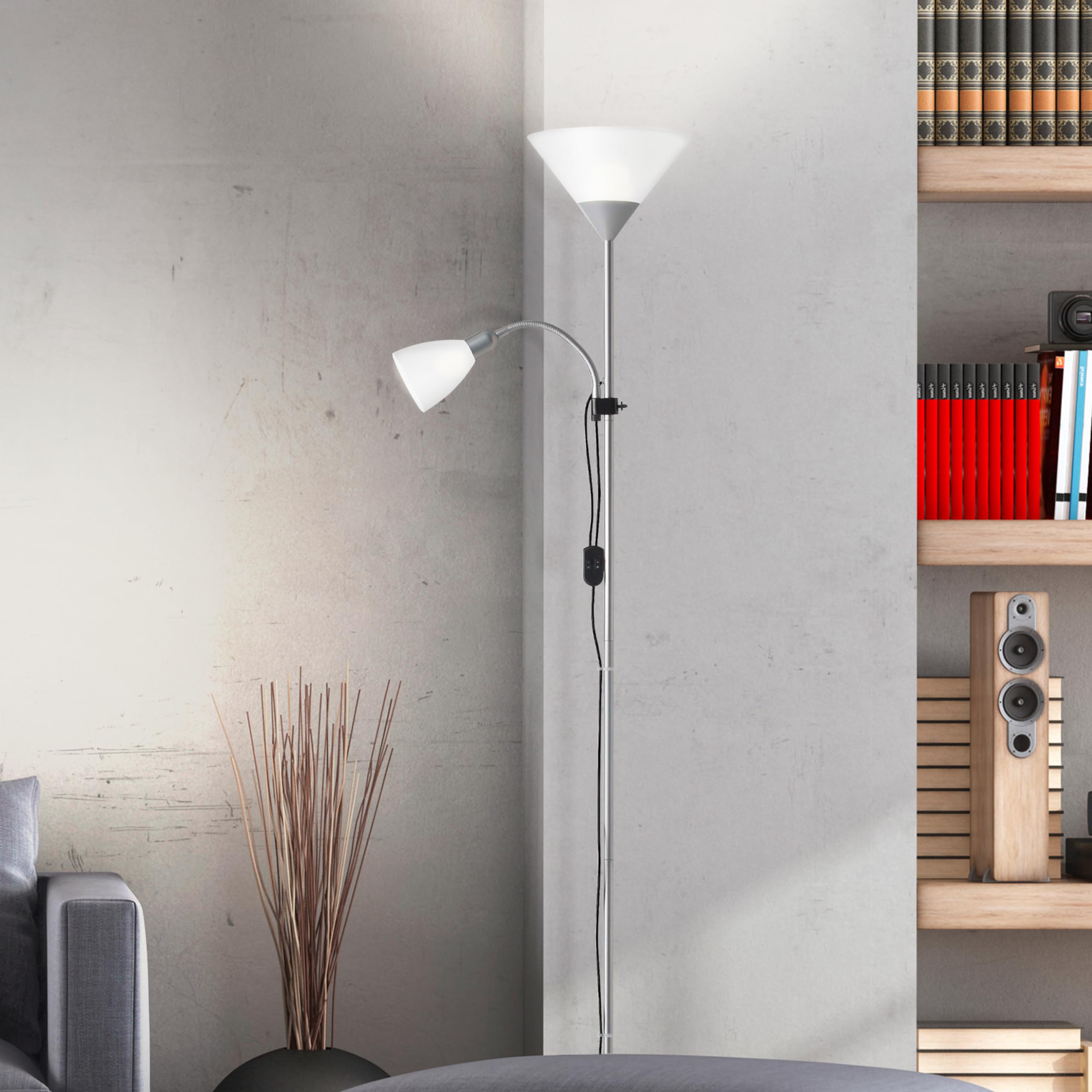 Brilliant Spari - Lámpara de pie con brazo de luz de lectura (estructura plateada y plástico blanco)