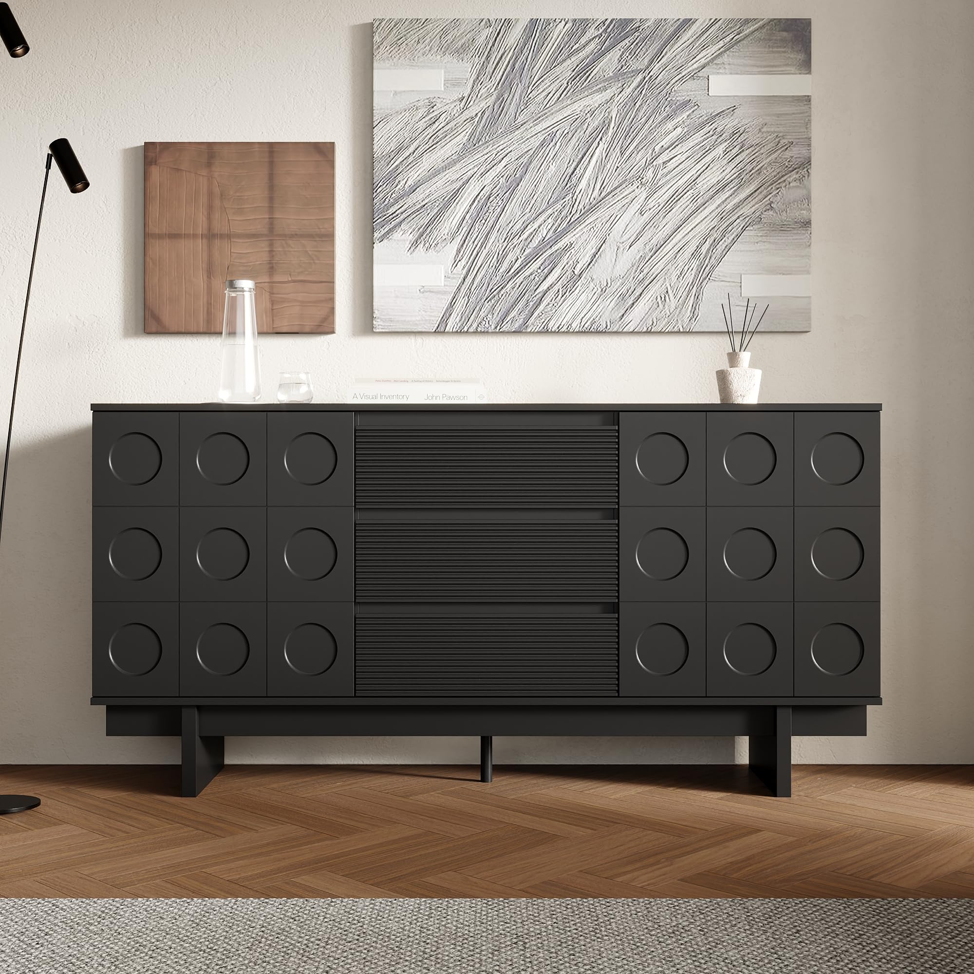 Elegante aparador negro – 160 x 40 x 80 cm – Cómoda con 3 cajones y 2 puertas – Diseño moderno para salón, comedor o pasillo – Elegante espacio de almacenamiento con carácter