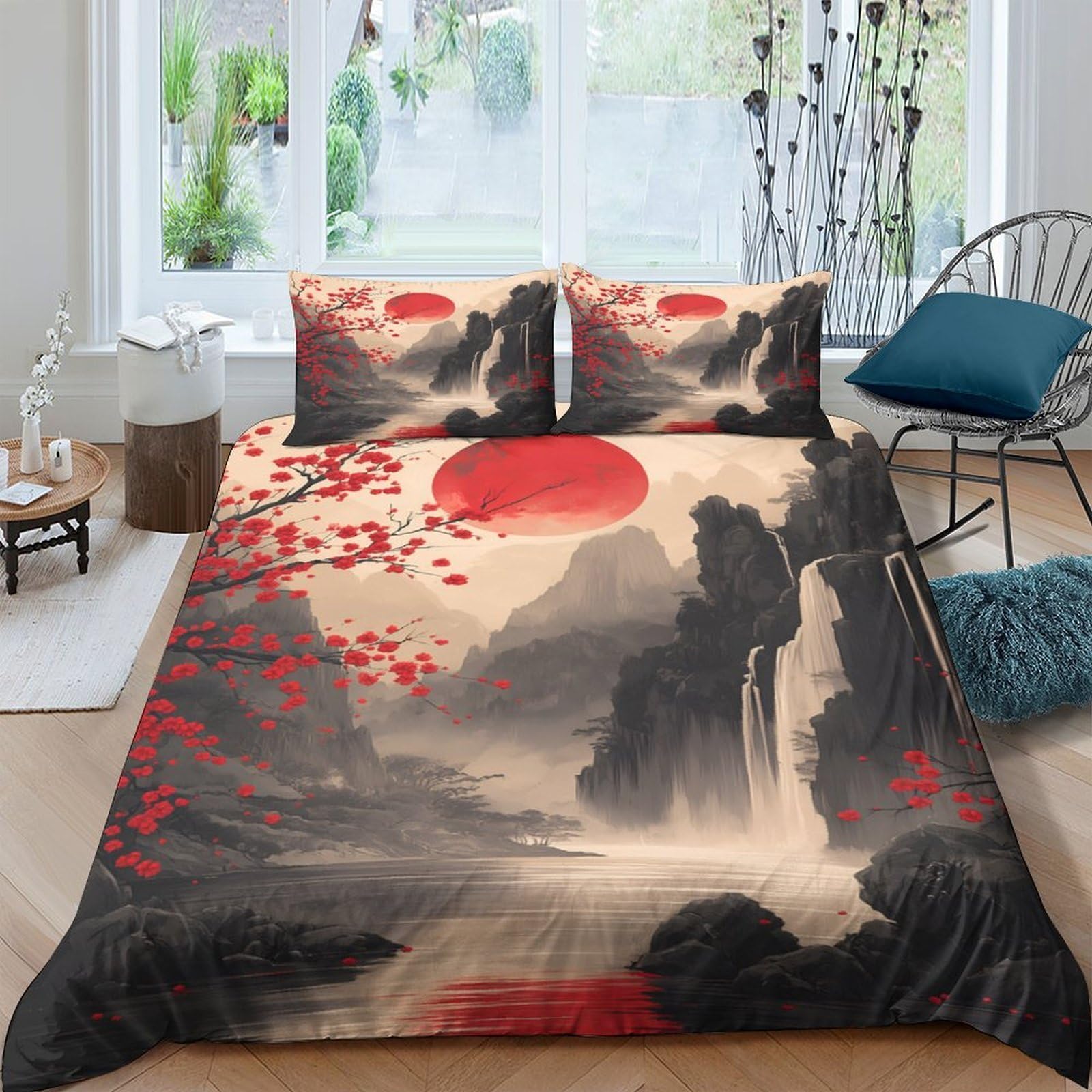 Ctjqhvkz Style-2 3D Printed Japanese Red Sun Landscape Fitted Sheet Microfiber Soft Waterfall Bed Cover For Bedroom Dorm Decor Single（135X200cm）