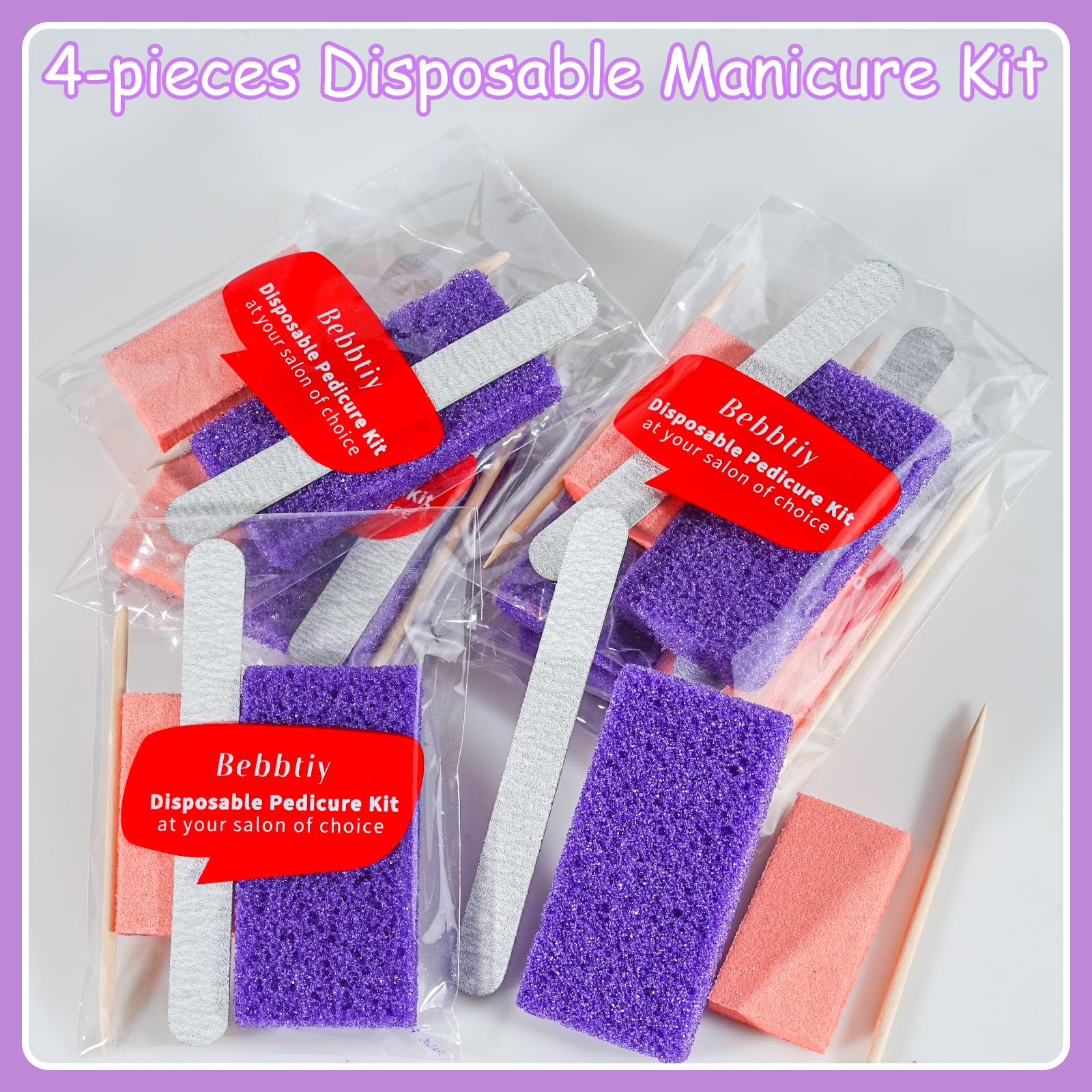 Disposable Pedicure Kit Sets, 4 in 1 Nail Salon Manicure Pedicure Kit Professional, Nail File, Pumice Pad, Mini Buffer, Wood Stick (Pack of 20, Count, 20.0)