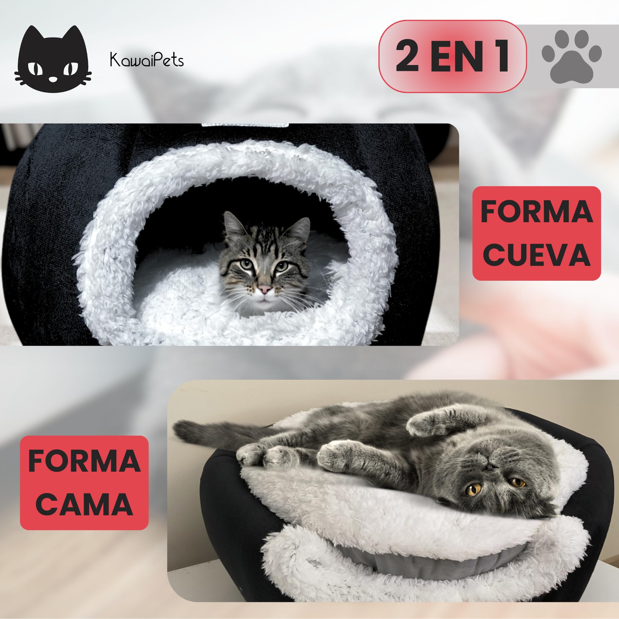 Cama para Gatos y Perros Pequeños 2 en 1, Refugio Cueva Suave, Cama Lavable con Juguete y Collar - 40x40x40 cm - Color Negro