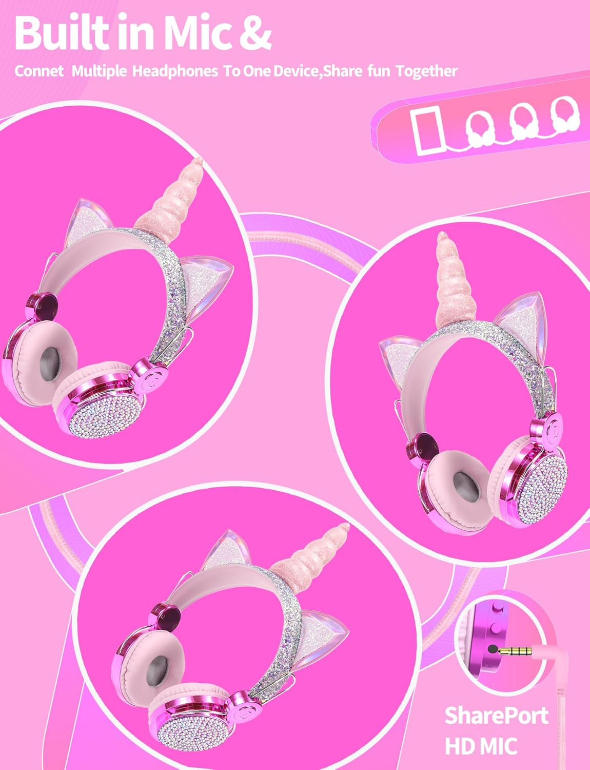 Kids Unicorns Headphones with Mic for School/Travel,95dB Volume Limited,Shareport,On/Over Ear Wired Headsets with Nylon Cable-Purple image 4