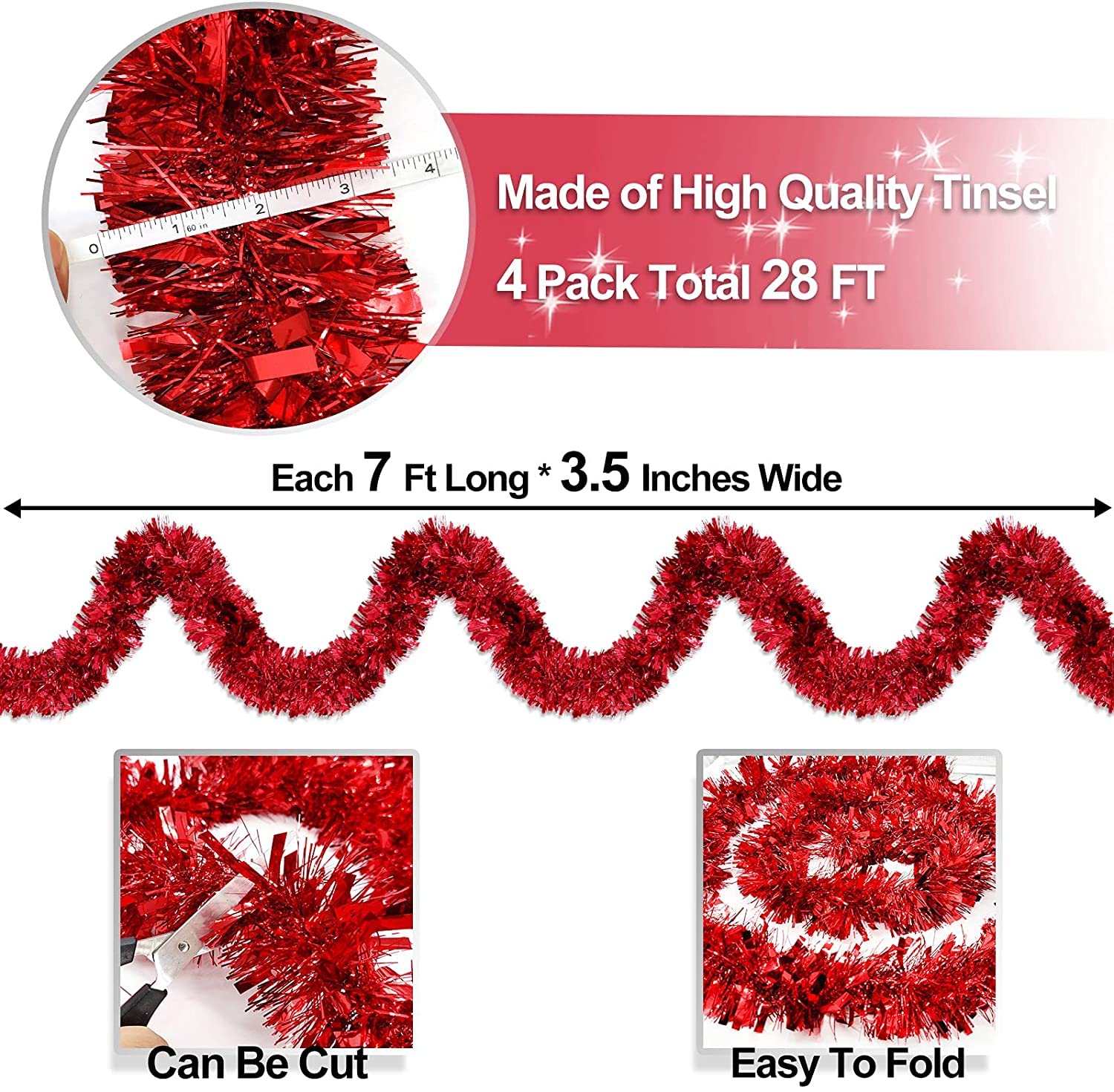 ZKTYQUIHE 4 Pack Total 28 Ft Tinsel Garlands Christmas Tree Decorations - Image 2