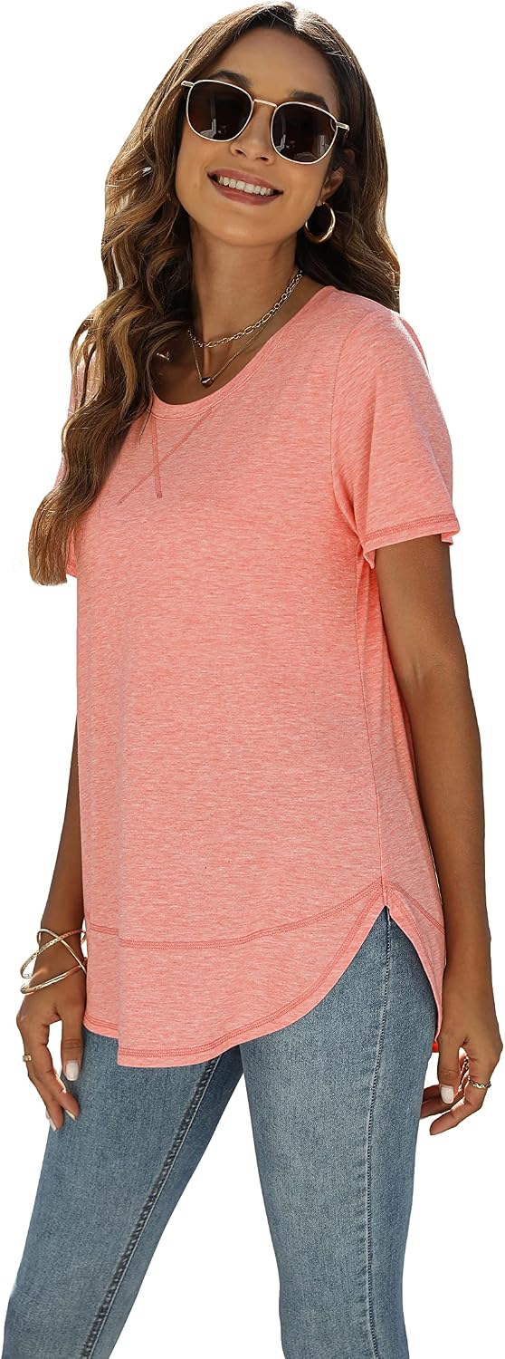 Beimuc Summer Tops for Women Short Sleeve Crewneck Tshirts Side Split Loose Fit Tunic Shirts